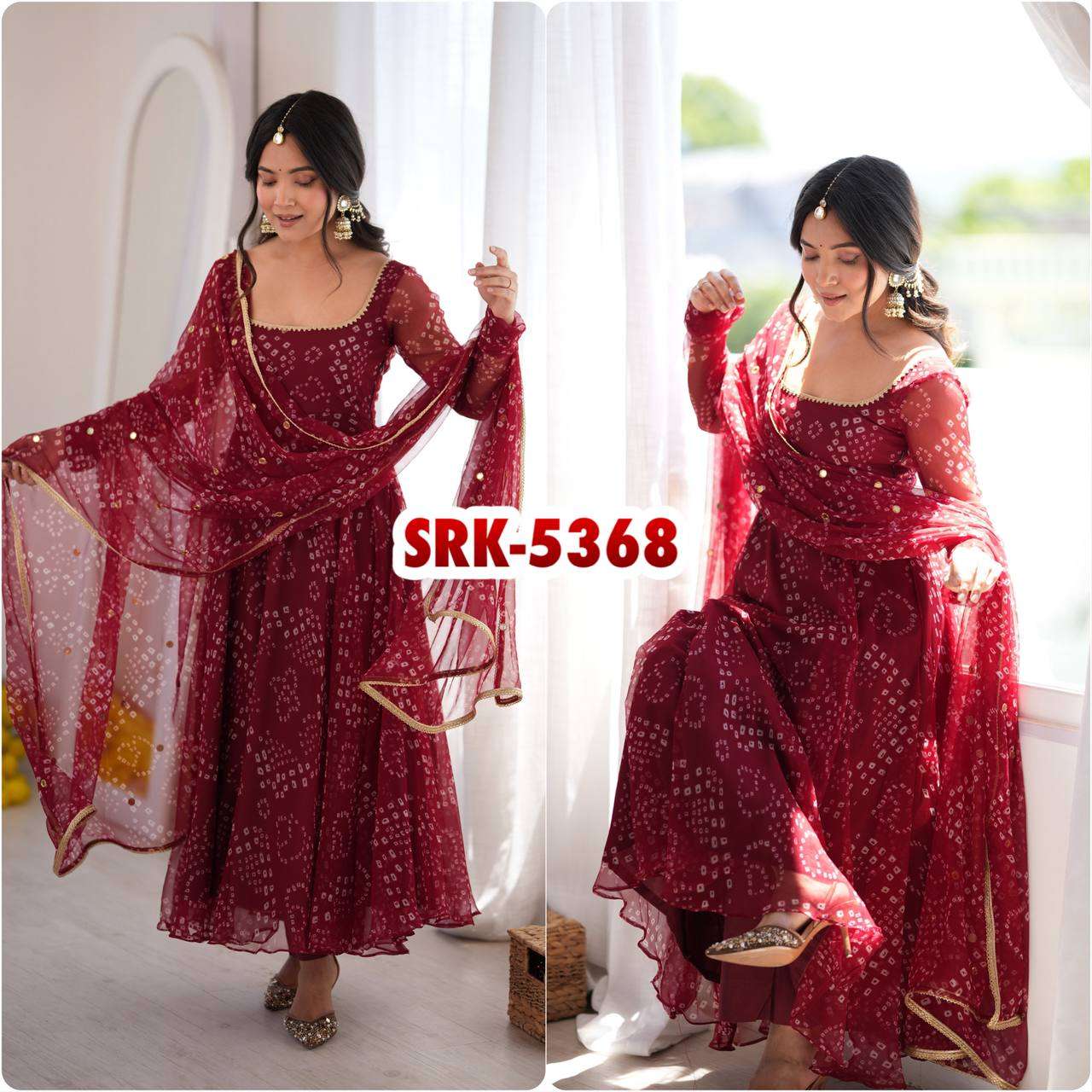 SRK 5368 FOX GEORGETTE BANDHANI PRINT FANCY LONG ANARKALI GOWN PENT AND DUPATTA SET 
