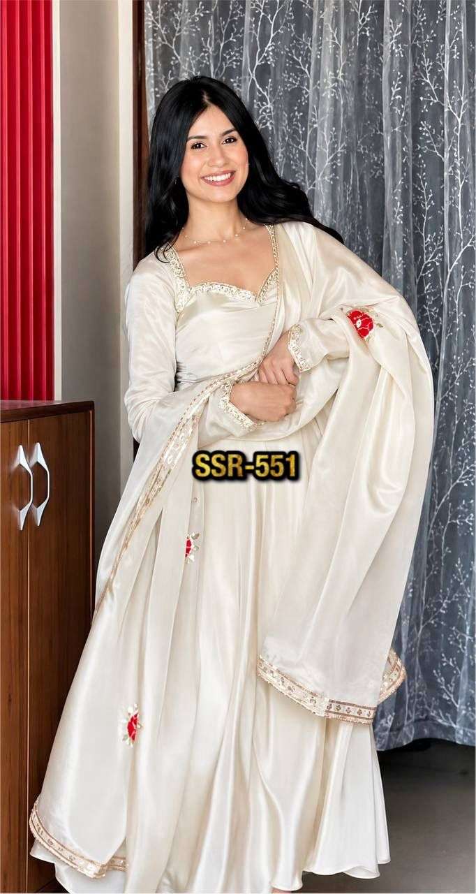 SSR 551 SILK WITH PREETY LOOK DESIGNER LADIES ANARKALI GOWN STYLE KURTI WITH PANT AND DUPPATTA SET 