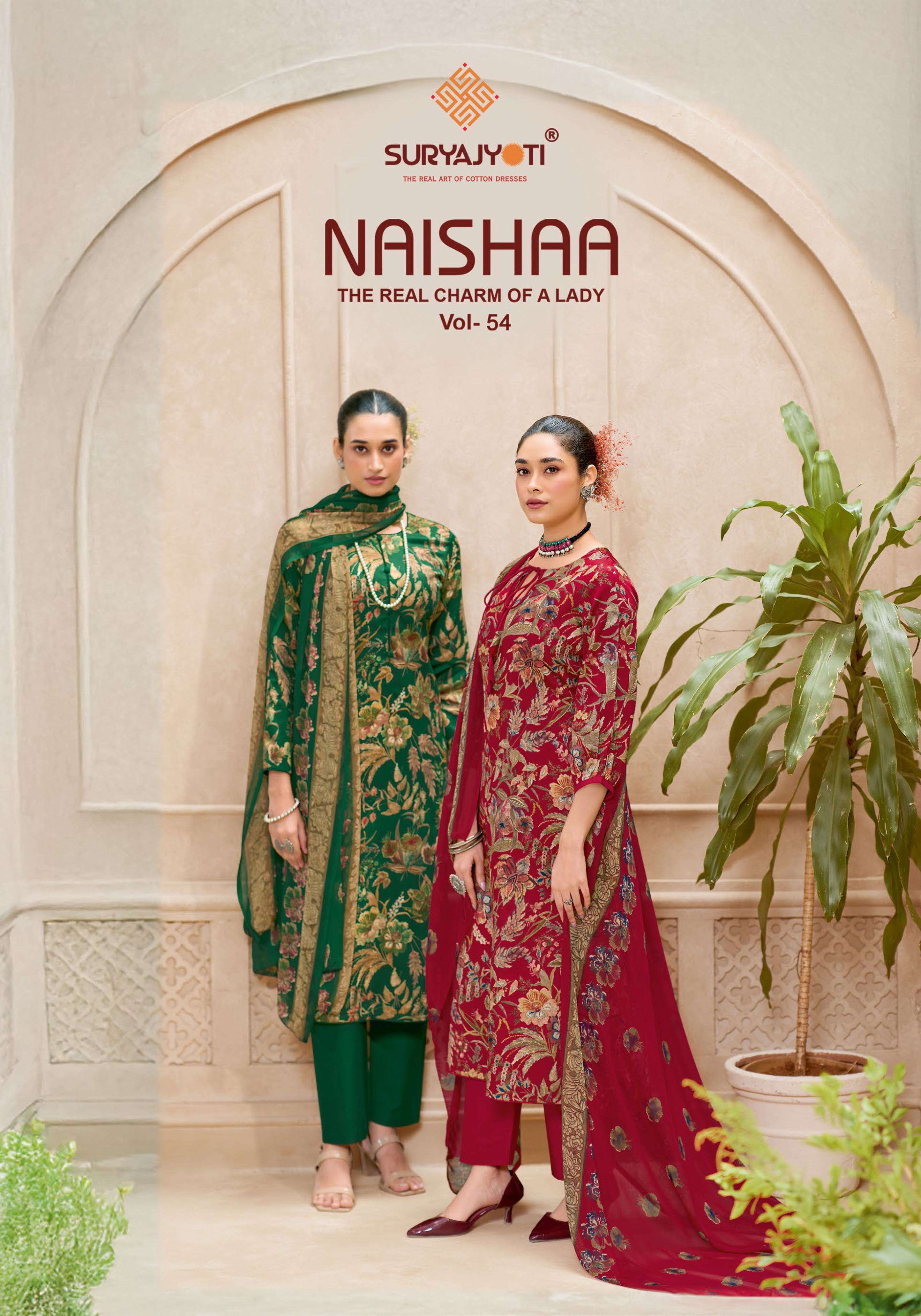 SURYAJYOTI NAISHAA VOL 54 JAM SATIN PRINT WITH FANCY WORK SUIT
