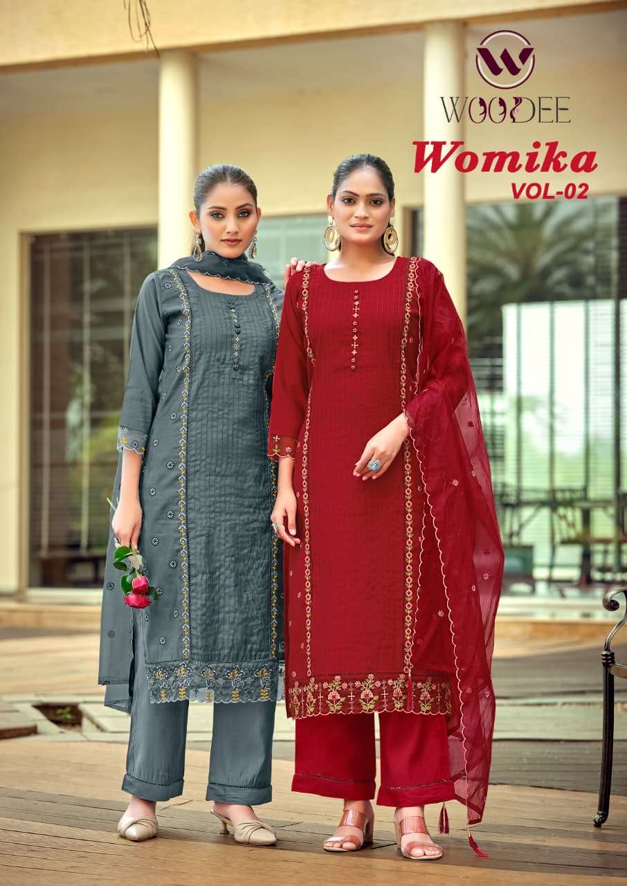 WOODEE WOMIKA VOL 2 VISCOSE SILK EMBROIDERIES WORK STRAIGHT CUT TOP BOTTOM DUPATTA SET