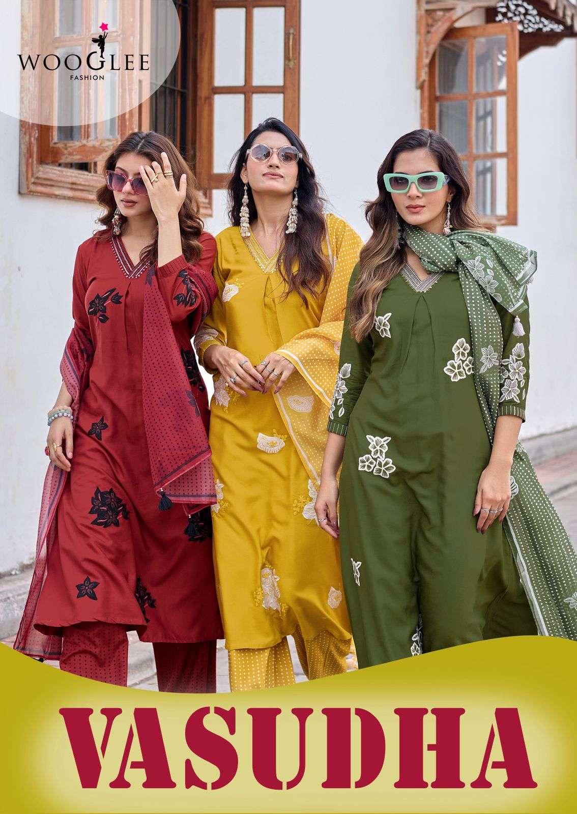 WOOGLEE VASUDHA RAYON FANCY WORKS LADIES KURTI BOTTOM AND ORGANZA DUPATTA SET