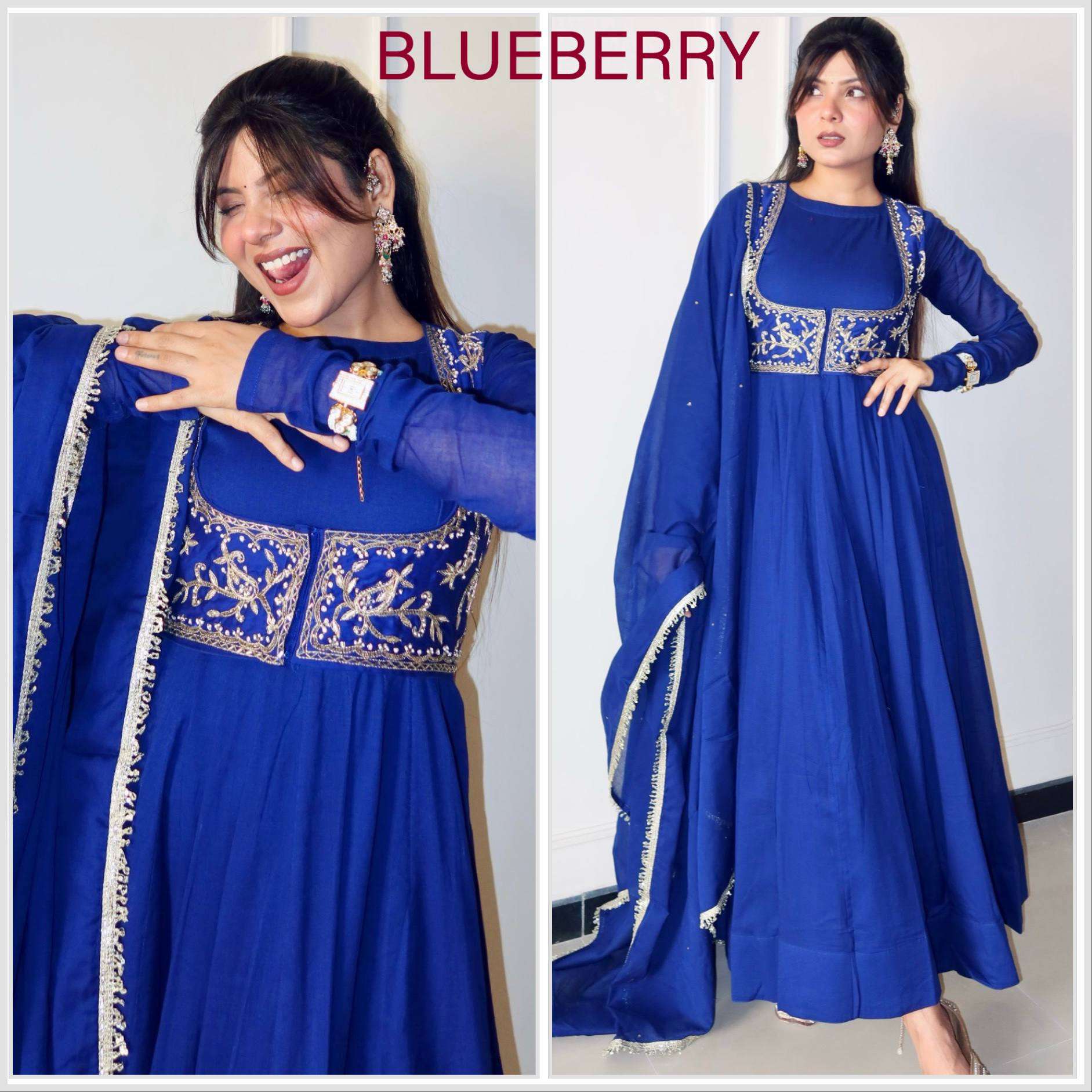 ZC BLUEBERRY CHANDERI SILK BEAUTIFUL DESIGNER LOOK PARTY WEAR GOWN WITH DUPATTA 