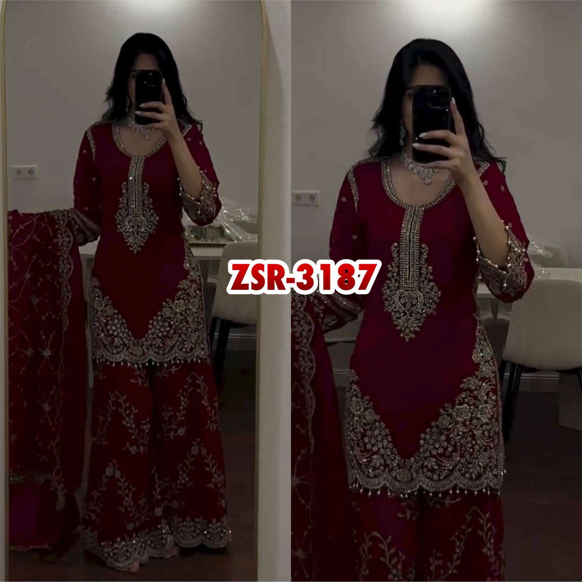 ZSR 3187 FOX GEORGETTE HEAVY DESIGNER WORK WEDDING FUNCTION WEAR SUIT