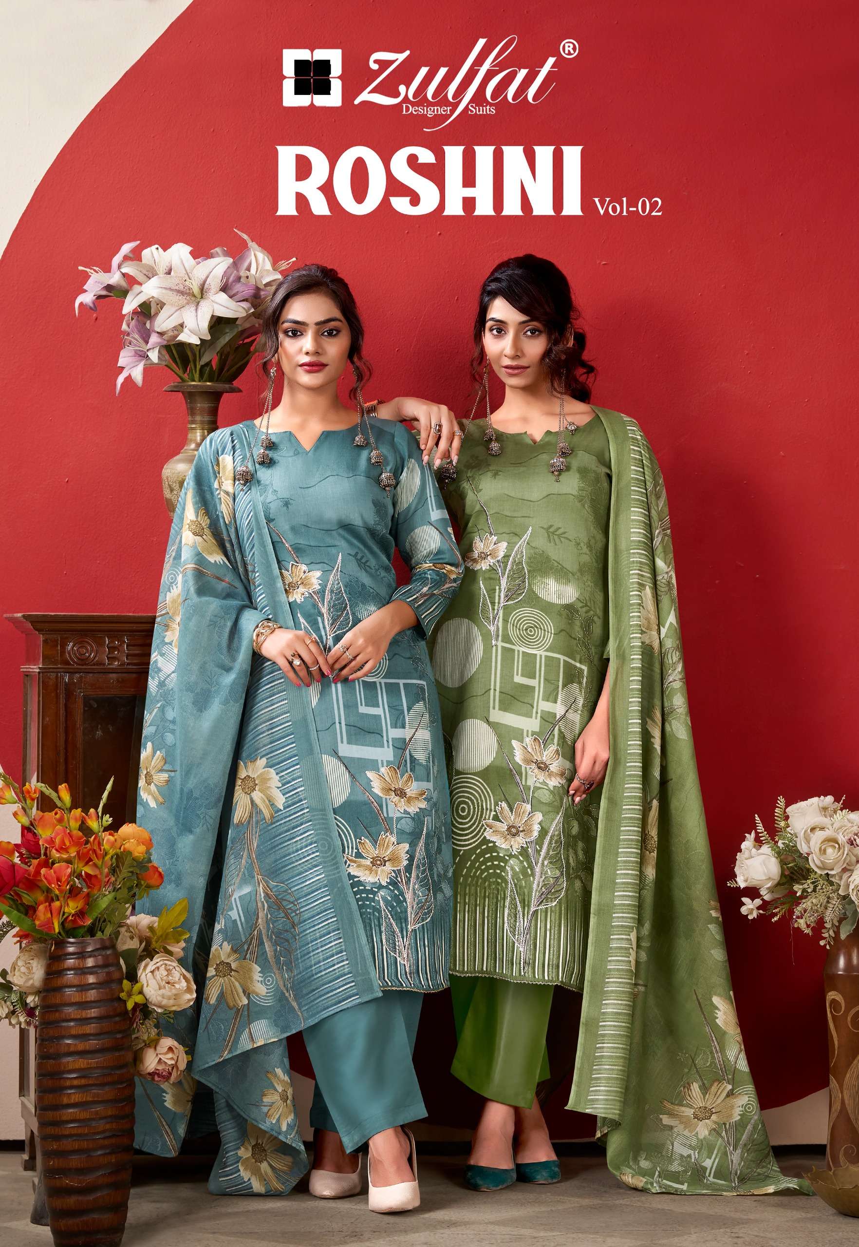 ZULFAT DESIGNER SUITS ROSHNI VOL 2 JAM COTTON PRINT WITH FANCY WORK SUIT