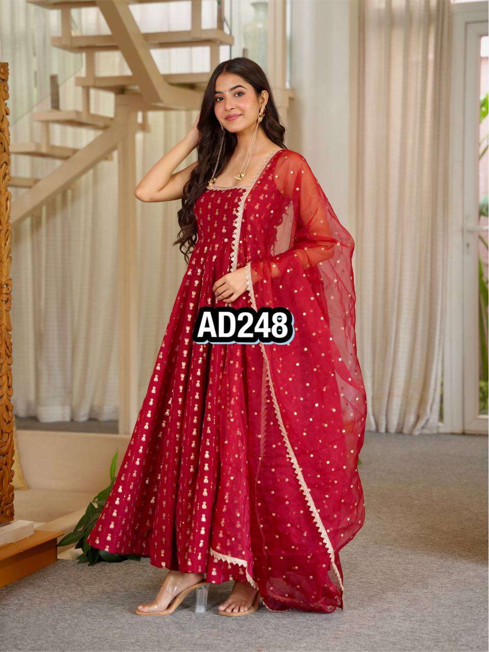 AD 248 CHINON SILK HEAVY SEQUENCE EMBROIDERY DESIGNER WORK ANARKALI GOWN BOTTOM AND DUPATTA SET 