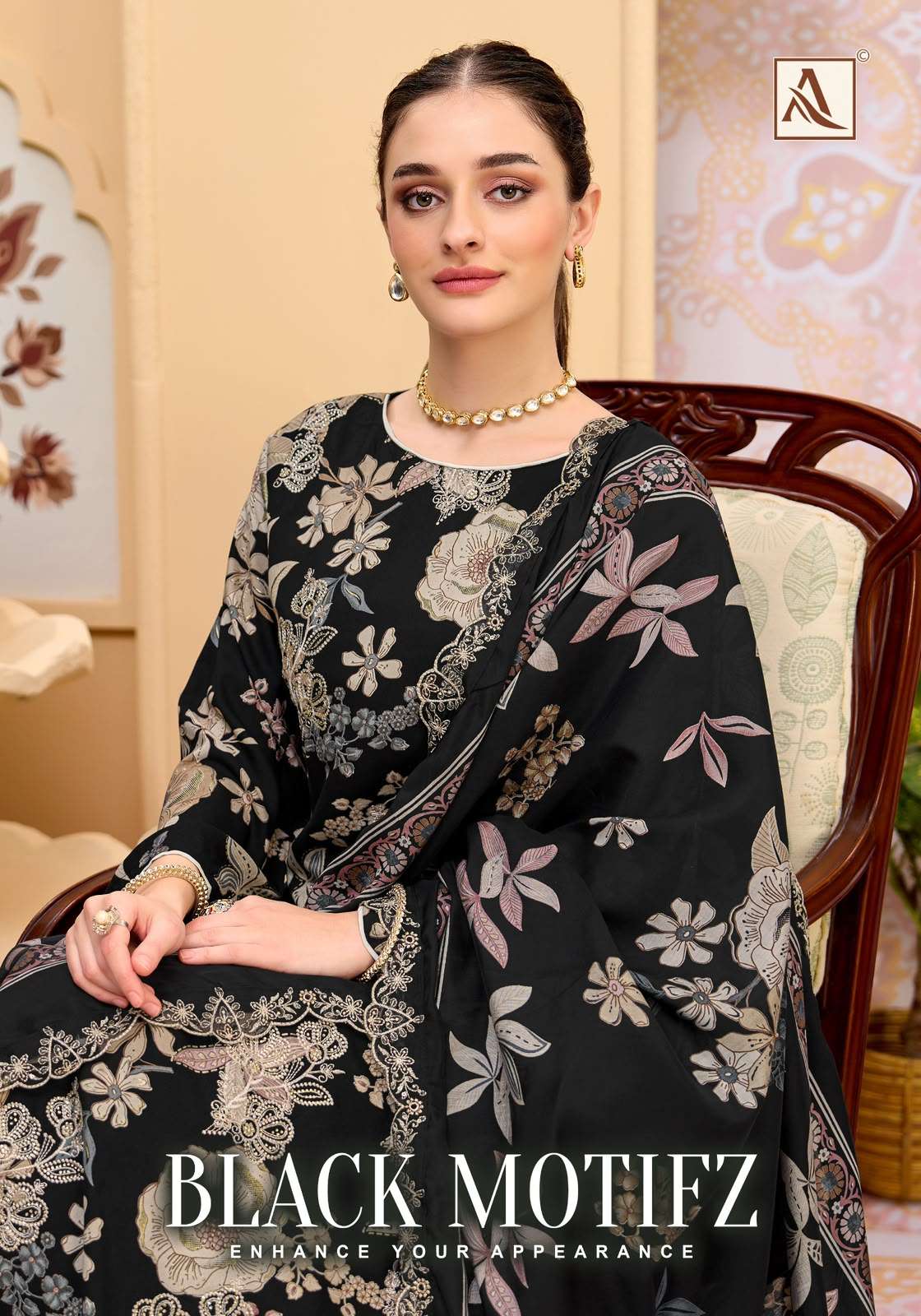 ALOK SUITS BLACK MOTIFZ VISCOSE FOIL PRINT WITH FANCY WORK SUIT 
