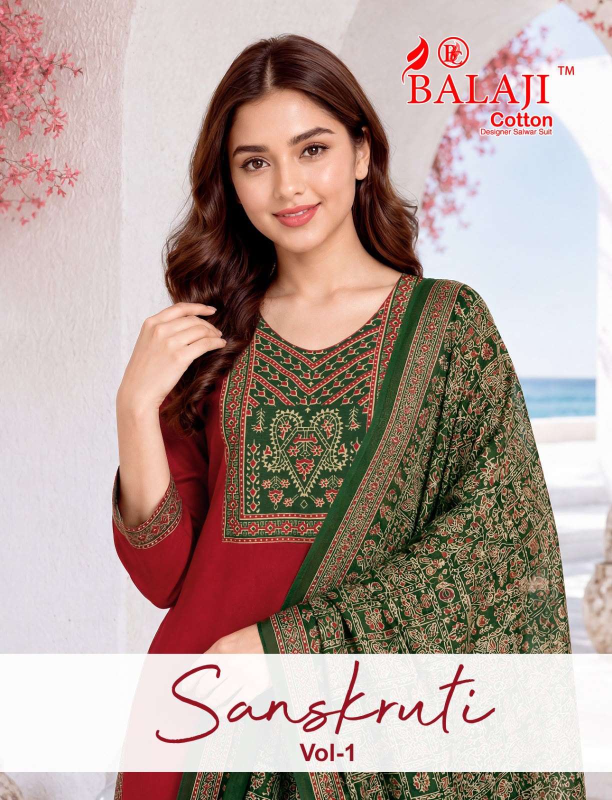  BALAJI COTTON SANSKRUTI VOL 1 COTTON AJRAK PRINT KURTI PANT WITH DUPATTA SET 