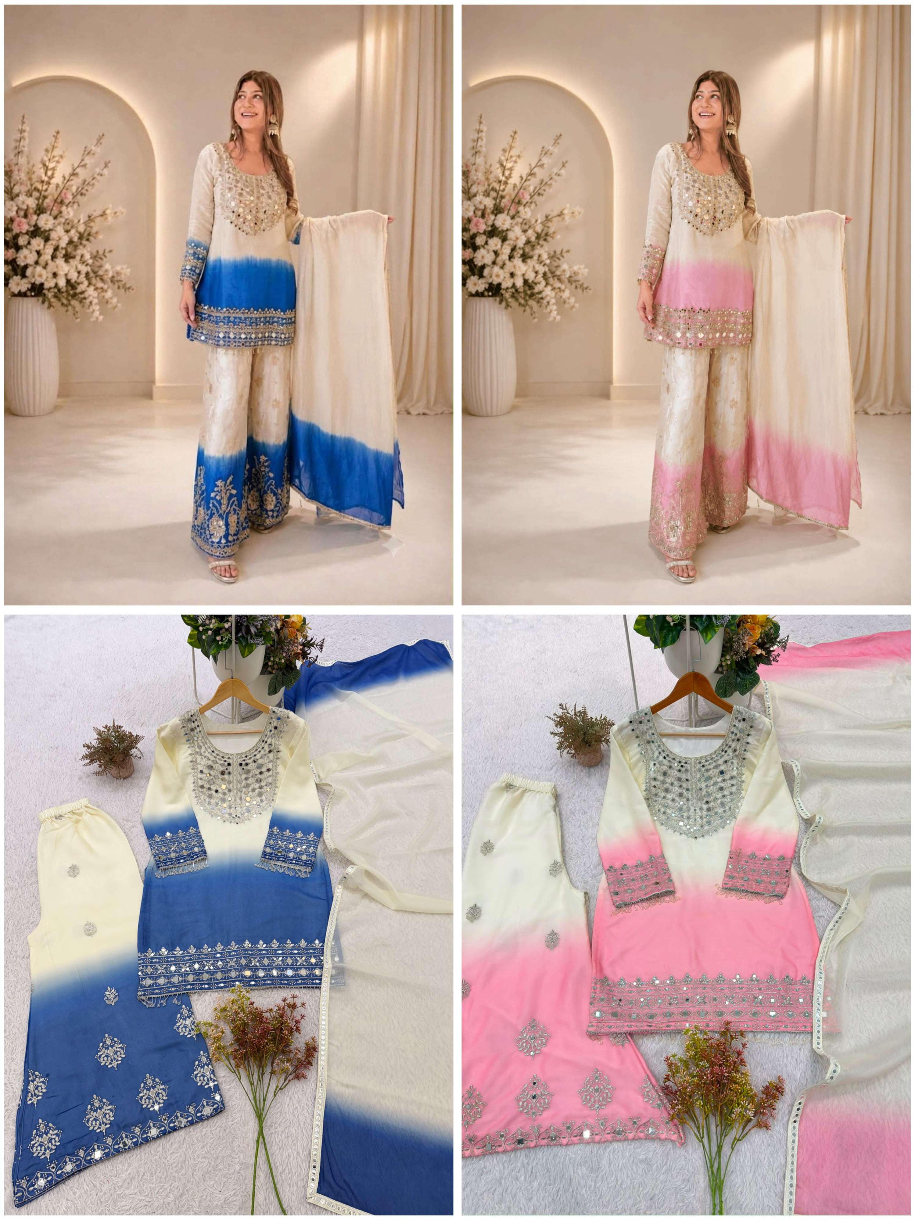 BE 491 MIRROR EMBROIDERED WORKED TOP PLAZZO WITH DUPATTA SET