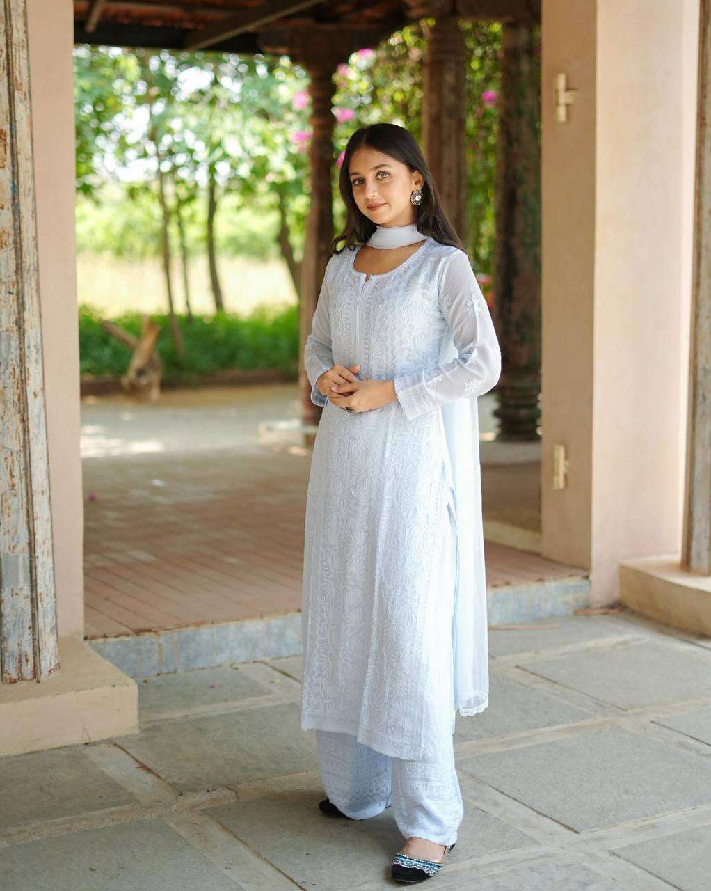 BE 499 GEORGETTE CHIKANKARI  EMBROIDERED WORKED TOP PLAZZO WITH DUPATTA SET