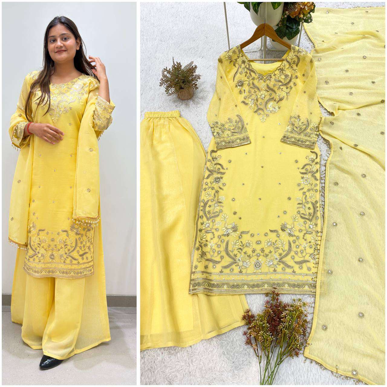BE 501 SILK SEQUENCE EMBROIDERED WORKED TOP PLAZZO AND DUPATTA SET 