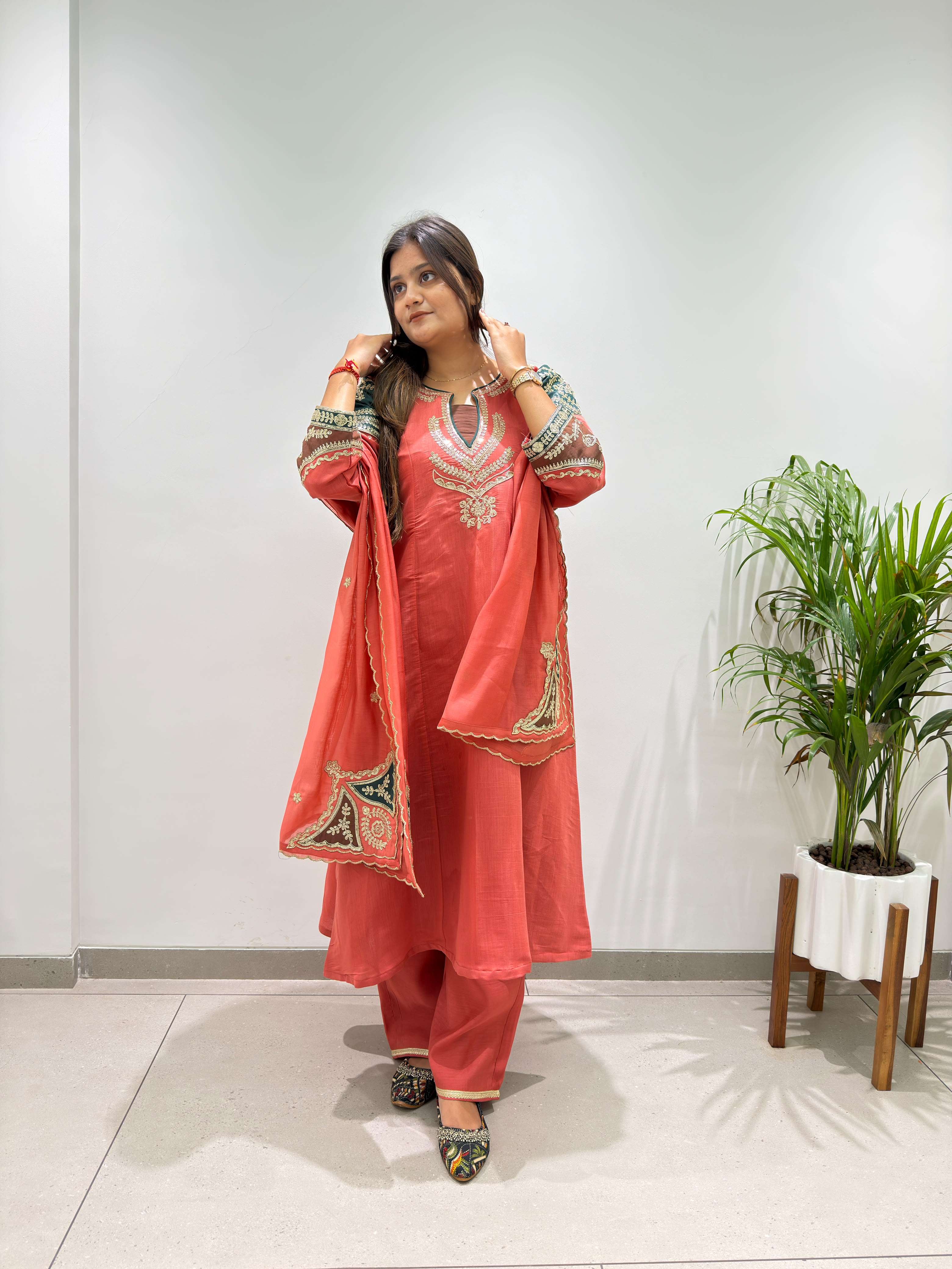 BE 509 CHANDERI EMBROIDERED WORKED TOP PLAZZO WITH DUPATTA SET