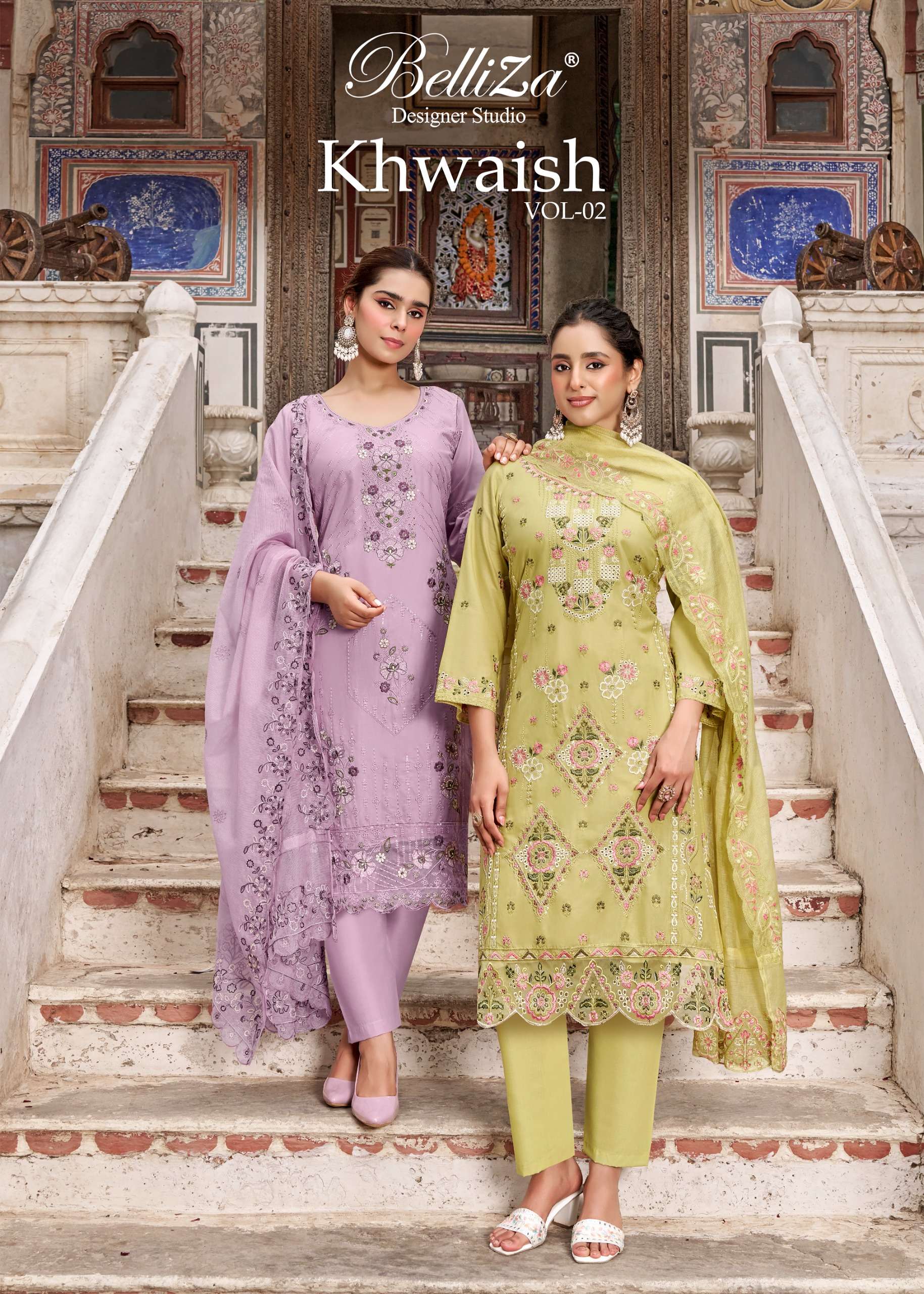 BELLIZA DESIGNER STUDIO KHWAISH VOL 2 LAWN COTTON KARACHI EMBROIDERY STYLE WORK SUIT
