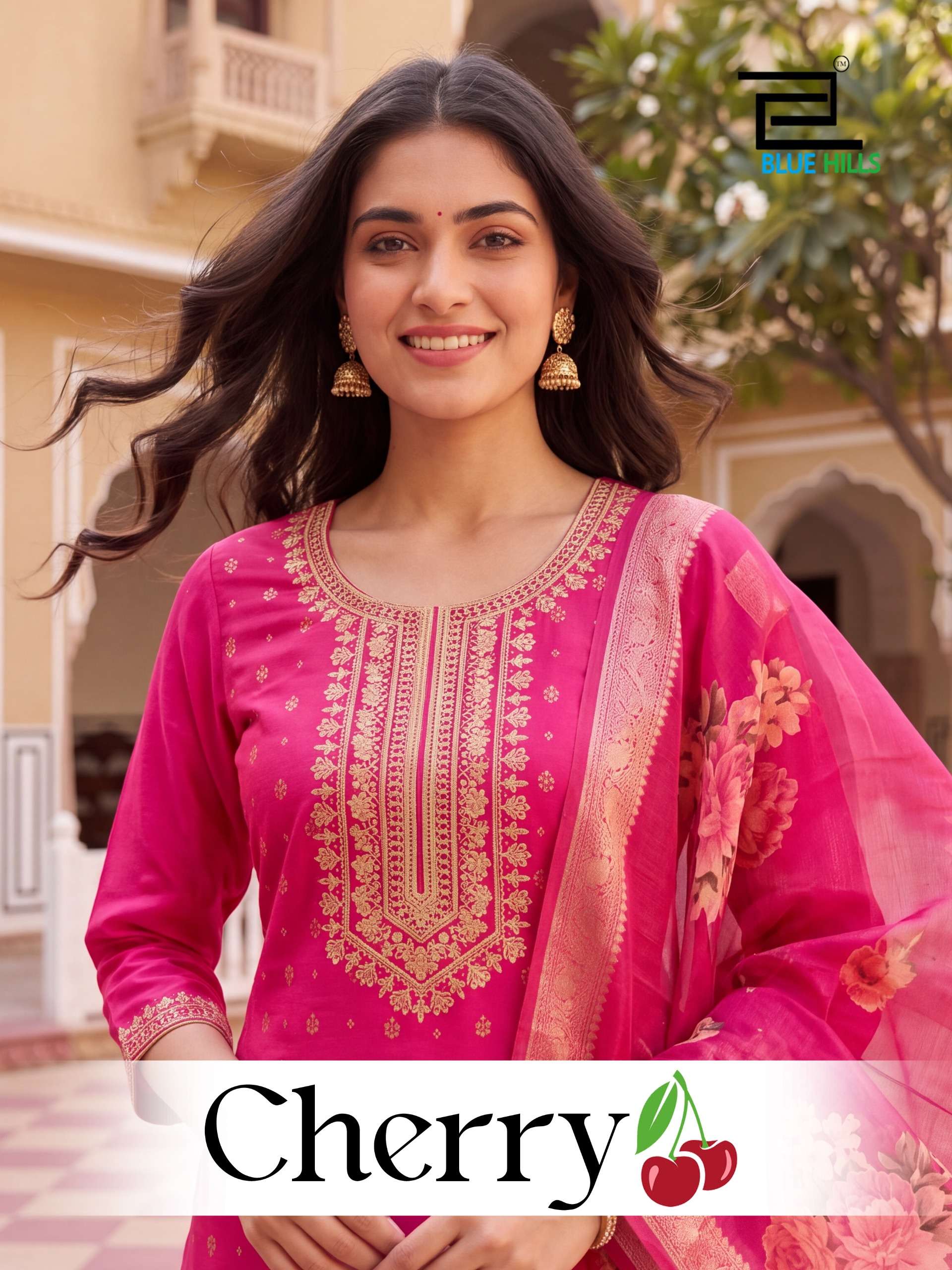 BLUE HILLS CHERRY CHANDERI SILK FOIL PRINT WITH FANCY WORK LADIES 3 PCS SUIT