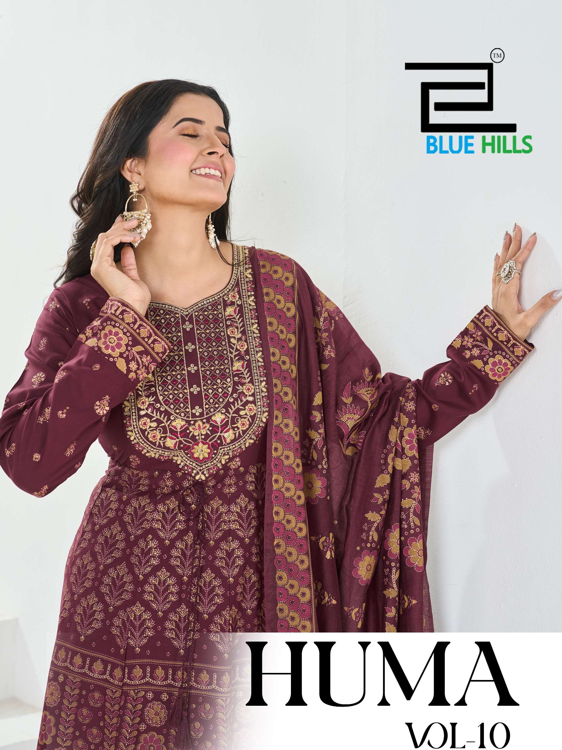 BLUE HILLS HUMA VOL 10 RAYON FANCY WORKS ANARKALI GOWN WITH BOTTOM AND DUPATTA 
