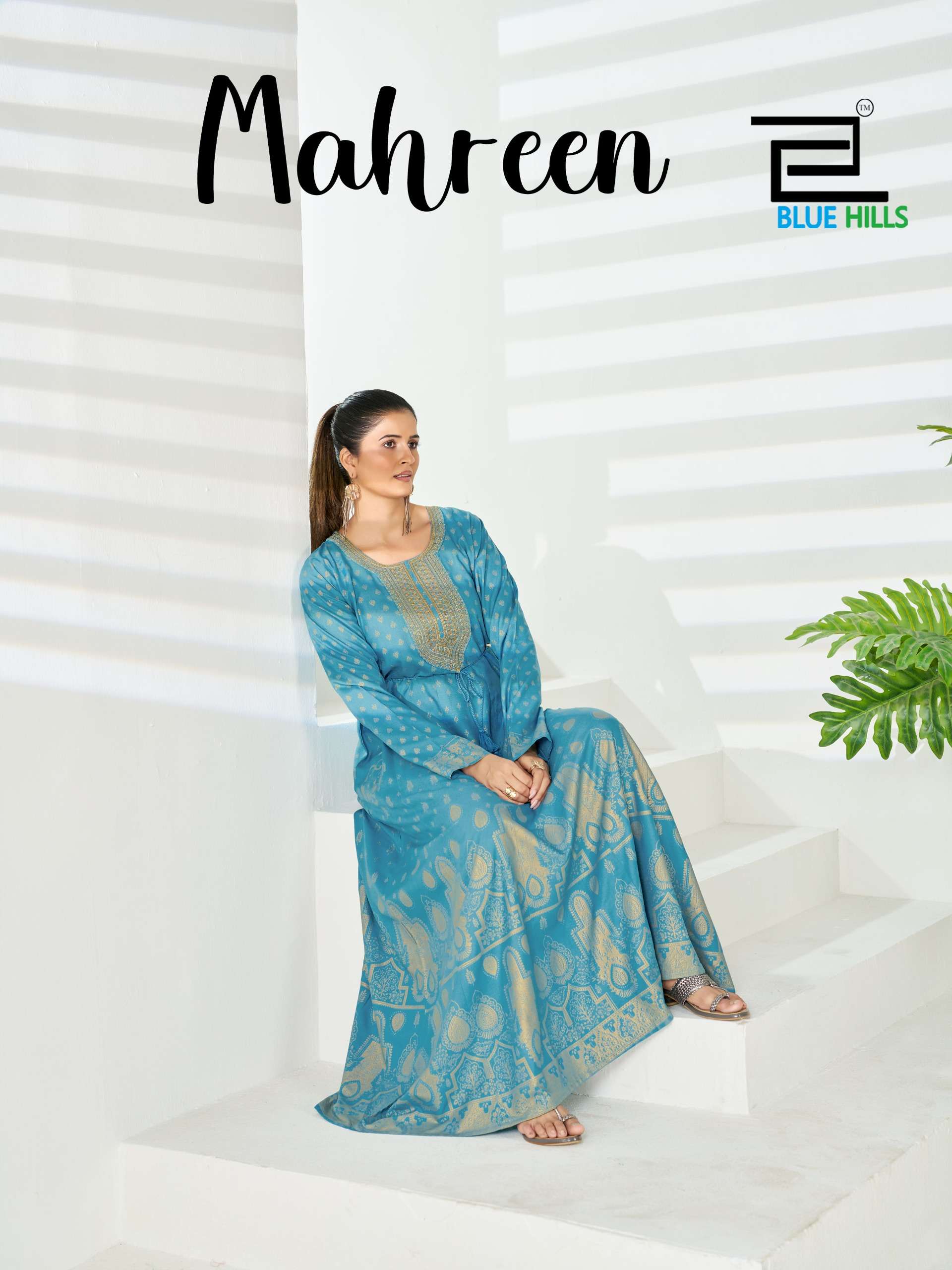 BLUE HILLS MAHREEN RAYON FOIL PRINT CLASSIC LOOK DESIGNER LADIES LONG ONE PIECE GOWN DRESS 