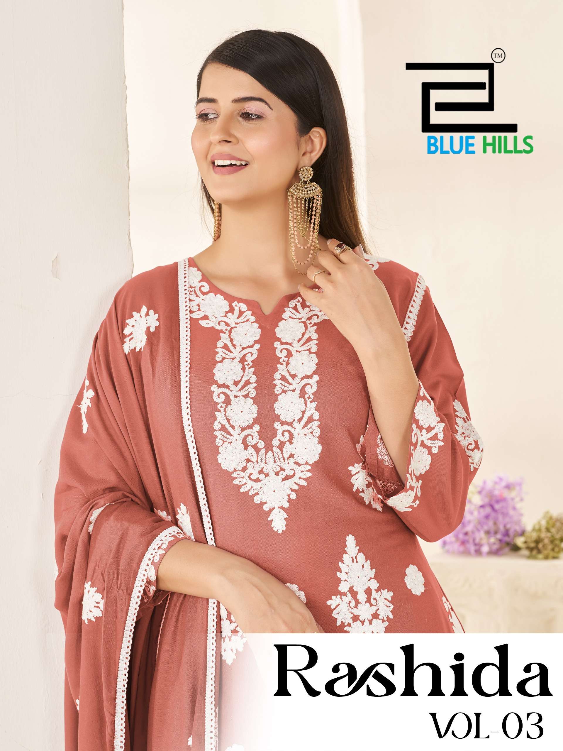 BLUE HILLS RASHIDA VOL 3 RAYON FANCY WORKS LADIES KURTI PLAZZO AND DUPATTA SET 