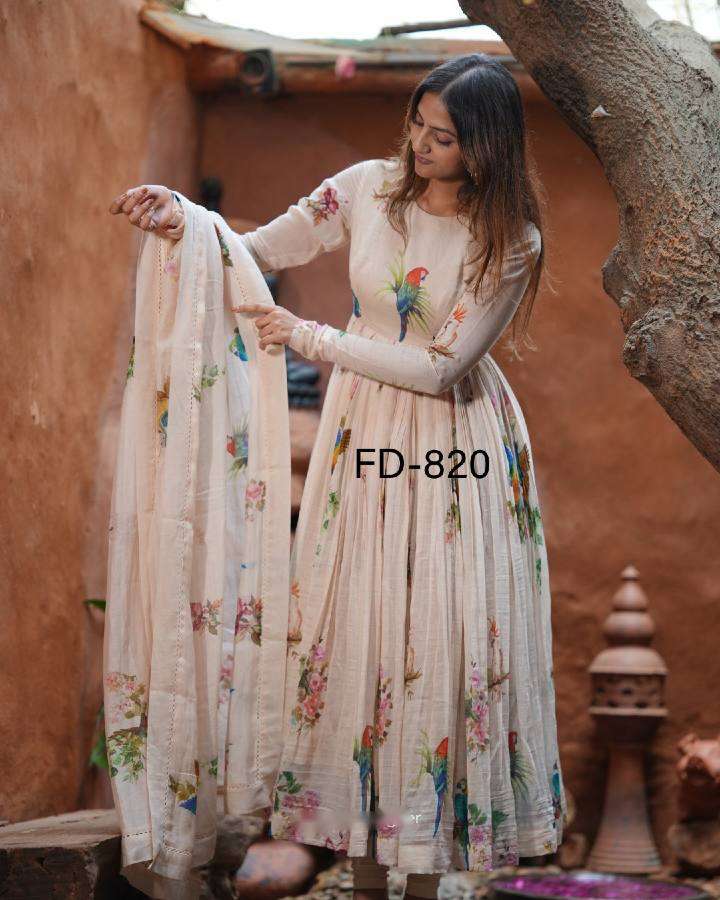 FD 820 SILK DIGITAL PRINTS FANCY PREETY LOOK DESIGNER ANARKALI STYLE GOWN PANT WITH DUPATTA SET 