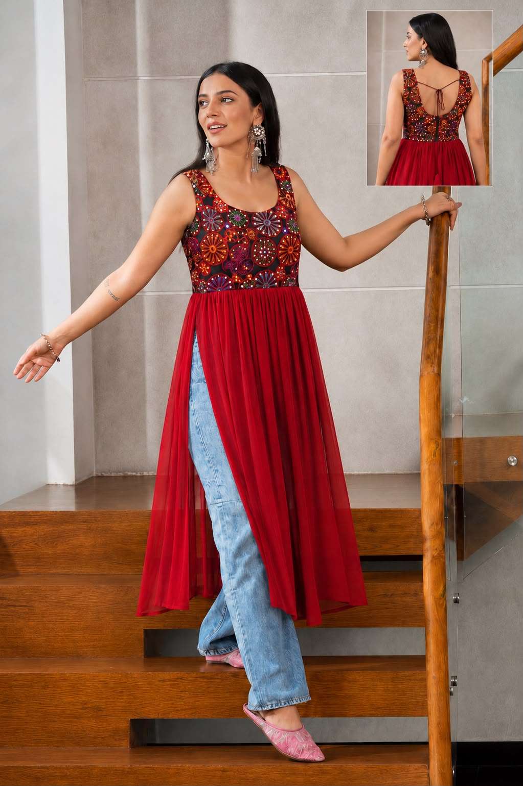 INLI PANGHAT GEORGETTE MIRROR WORK DESIGNER NAVRATRI WEAR LADIES KURTI 