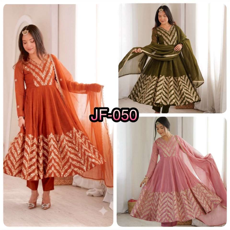 JF 050 SILK BEAUTIFUL DESIGNER LOOK ANARKALI STYLE GOWN PANT WITH DUPATTA SET 
