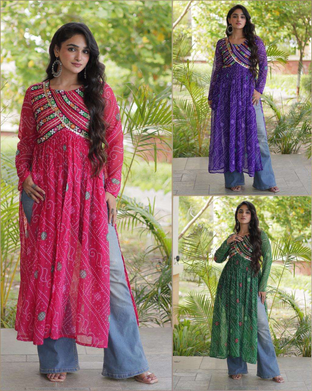 KA 1272 GEORGETTE BANDHANI PRINT KUTCHI WORK NAVRATRI WEAR KURTI 