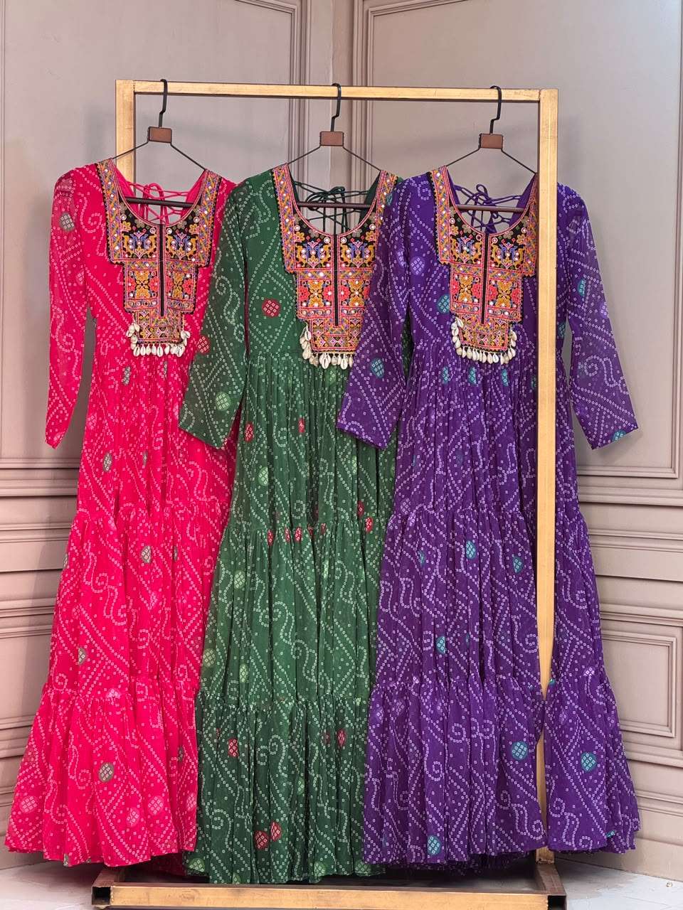KA 1276 FOX GEORGETTE BANDHANI PRINT KUTCHI PATCH EMBROIDERY WORK NAVRATRI WEAR LADIES GOWN 