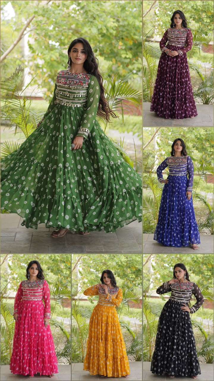 KA 1277 GEORGETTE BANDHANI PRINT WITH KUTCHI WORKS NAVRATRI WEAR LADIES GOWN 