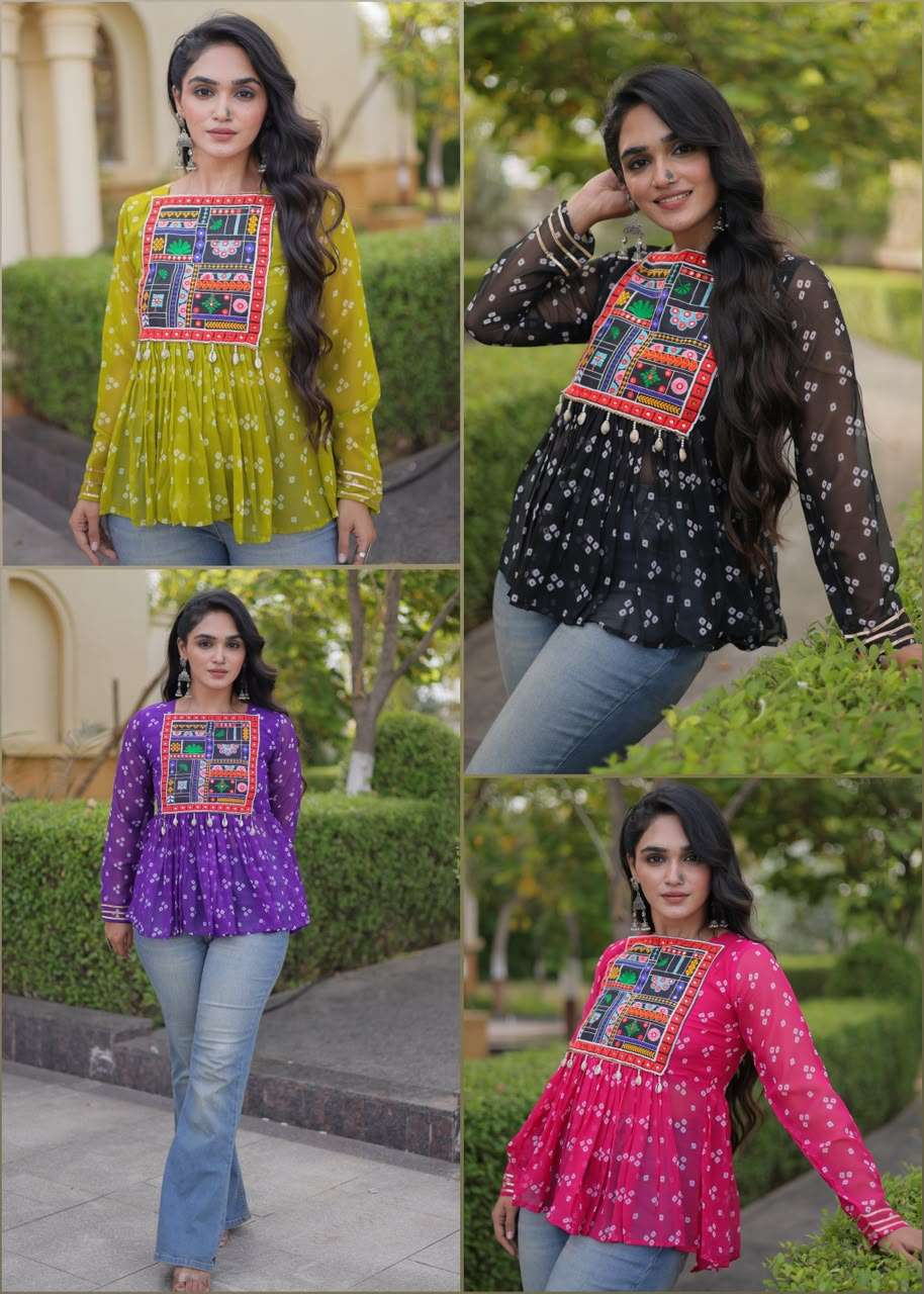 KA 5079 GEORGETTE BANDHANI PRINT WITH KUTCHI WORKS LADIES NAVRATRI WEAR TOP