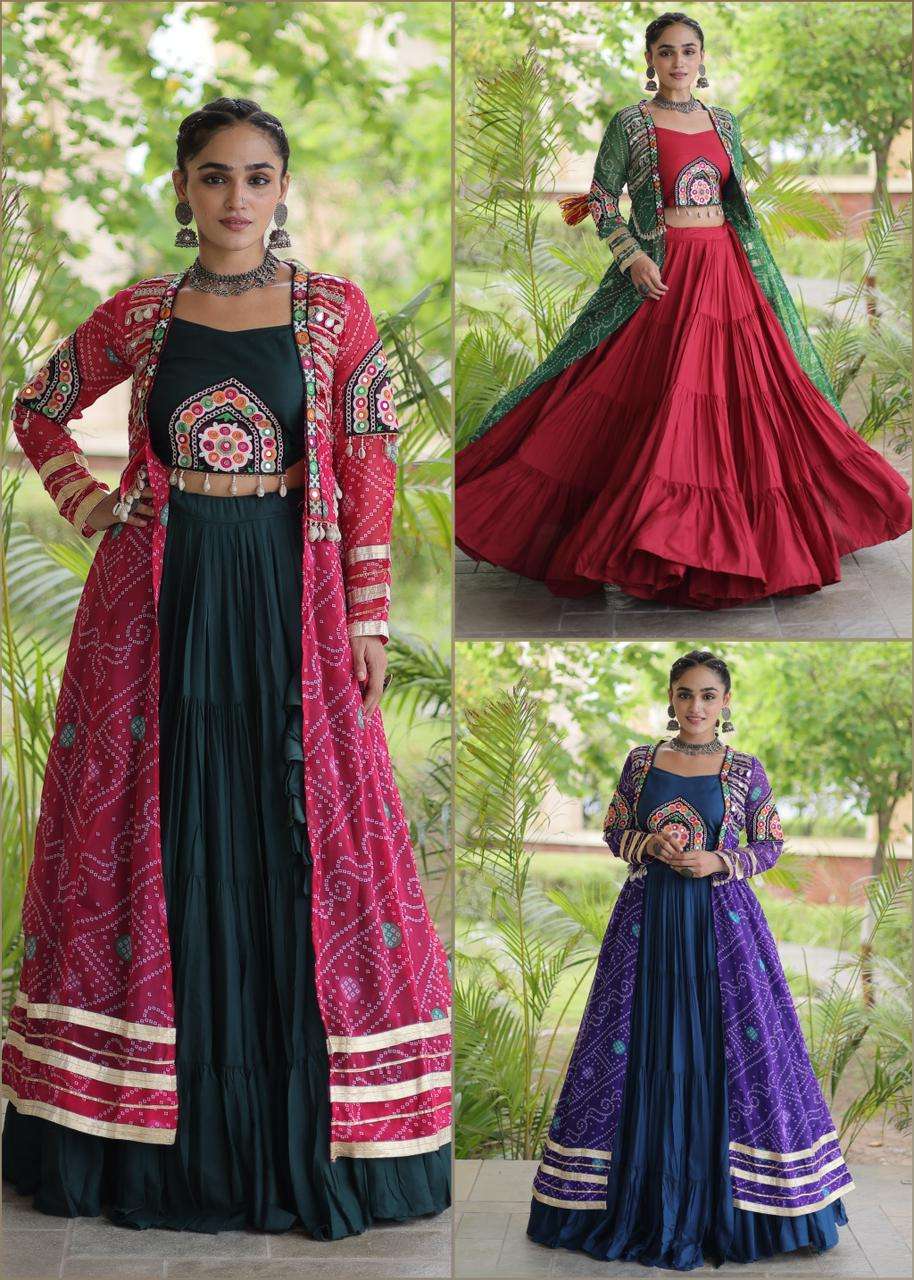 KA 5083 RAYON KUTCHI DESIGNER WORK NAVRATRI WEAR LEHENGA CHOLI WITH SHRUG 