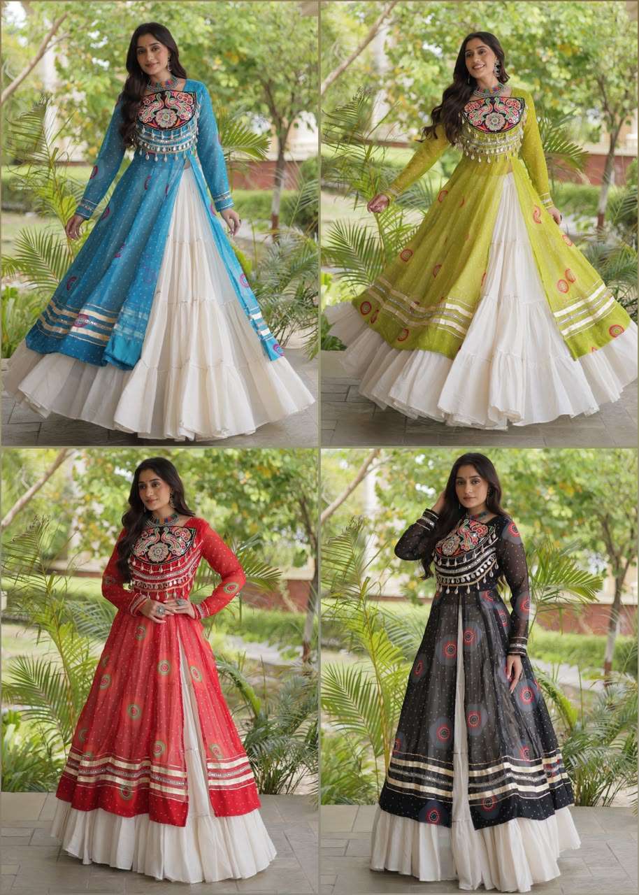 KA 5085 GEORGETTE BANDHANI PRINT KUTCHI PATCH WORK DESIGNER NAVRATRI WEAR KURTI WITH LEHENGA 