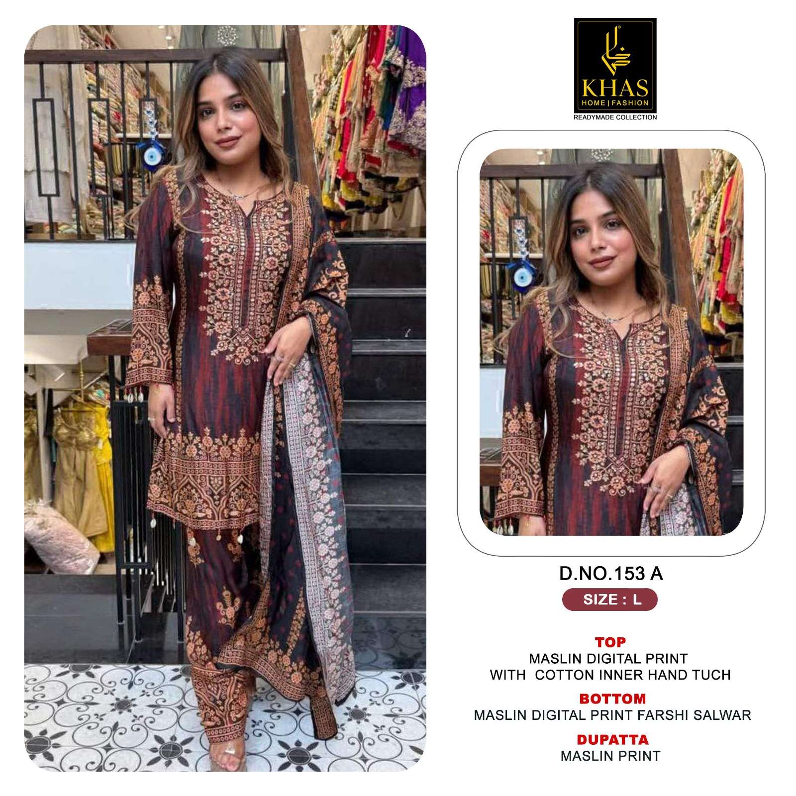 KHAS FASHION D NO 153 MUSLIN DIGITAL PRINT WITH HEAVY EMBROIDERY DESIGNER SUIT