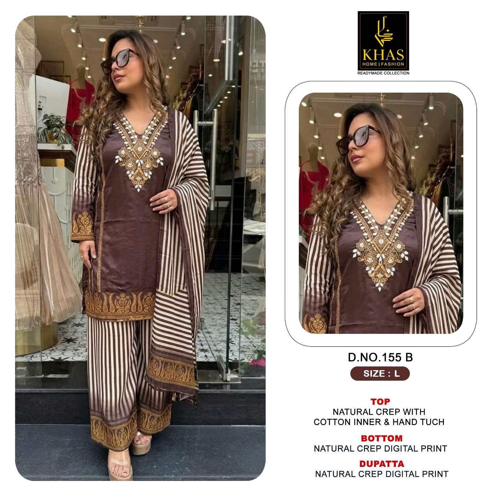 KHAS FASHION D NO 155 CREPE DIGITAL PRINT WITH DESIGNER WORK READY MADE SUIT