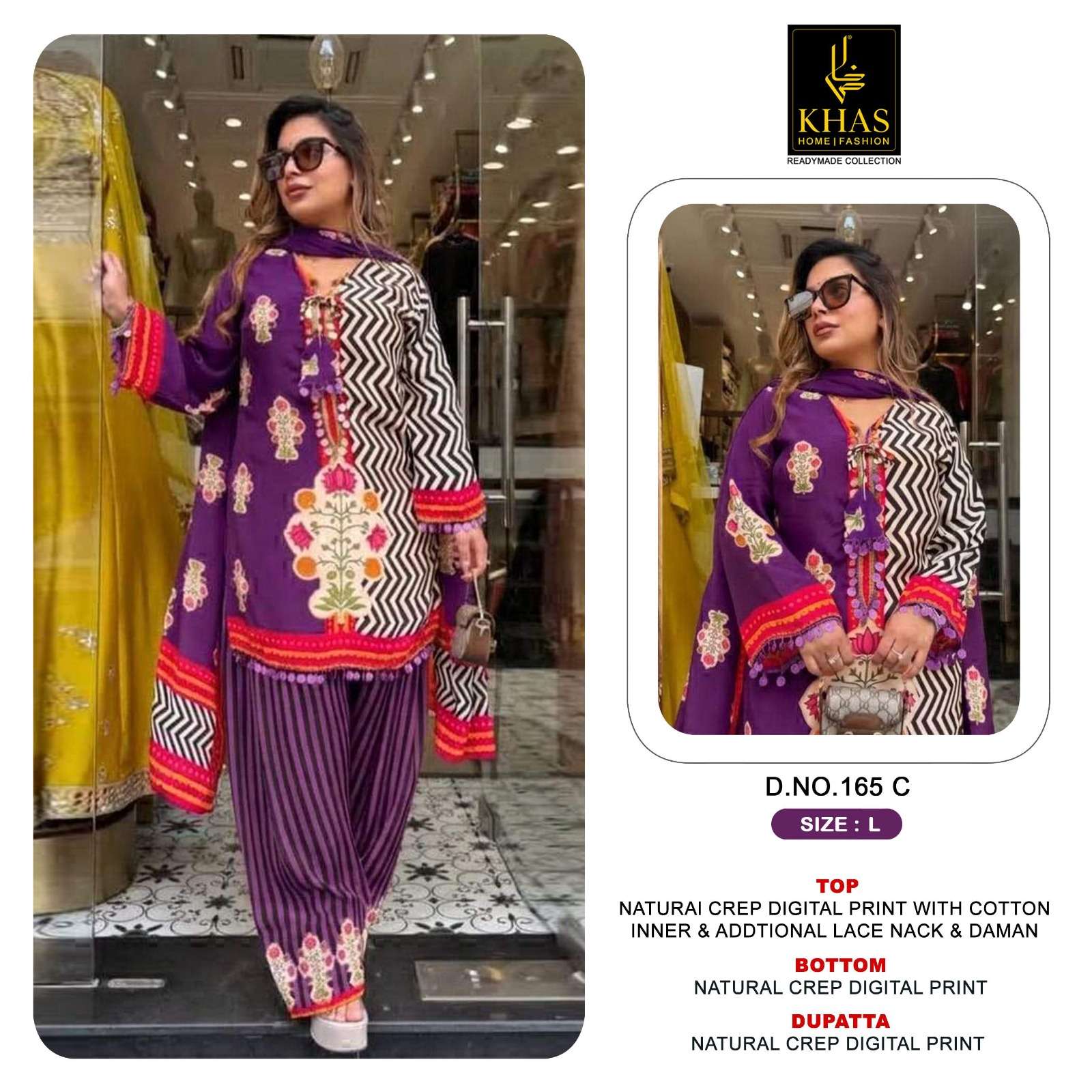 KHAS FASHION D NO 165 CREPE DIGITAL PRINT WITH DESIGNER WORK READY MADE PAKISTANI SUIT 