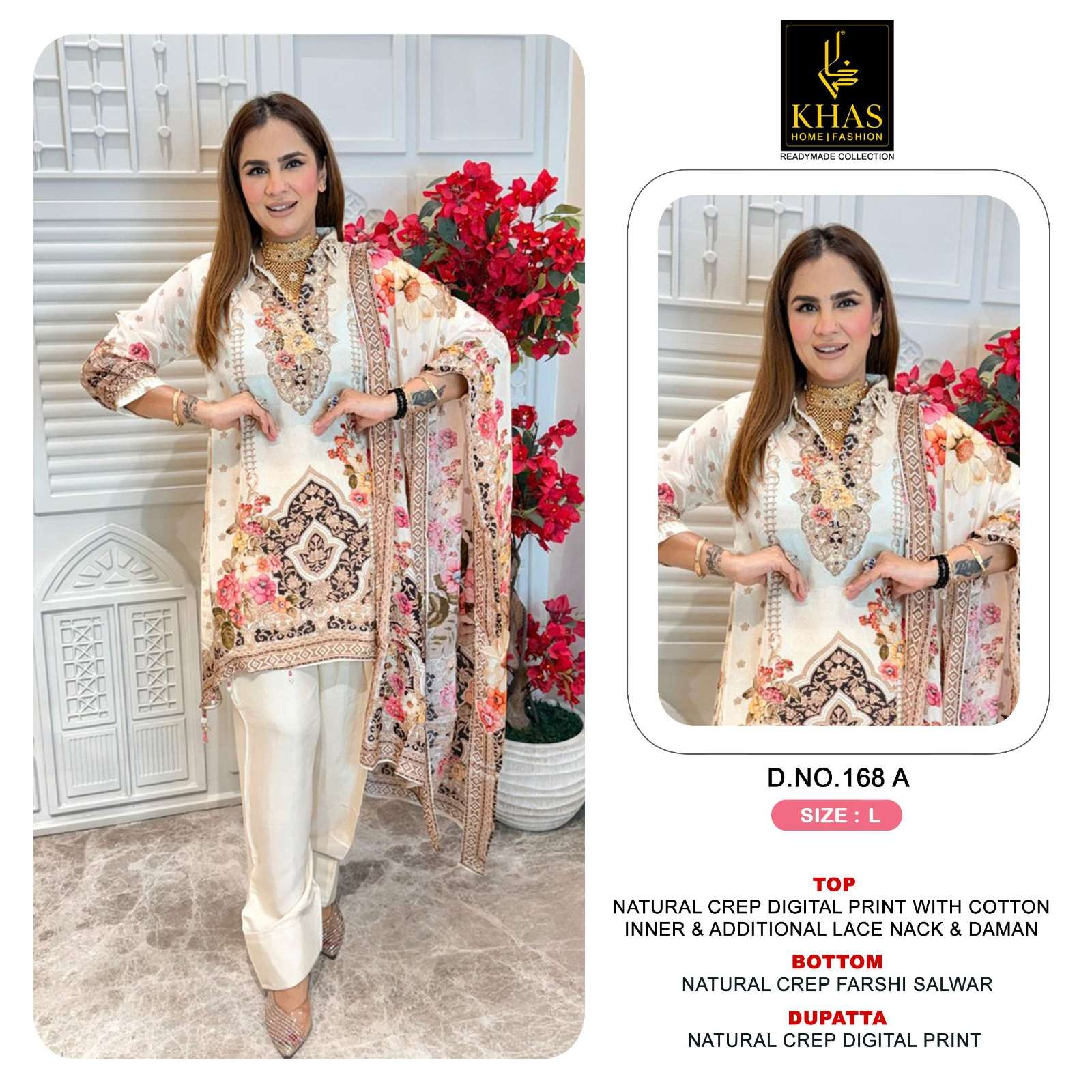 KHAS FASHION D NO 168 CREPE DIGITAL PRINT WITH DESIGNER WORK READY MADE PAKISTANI SUIT 