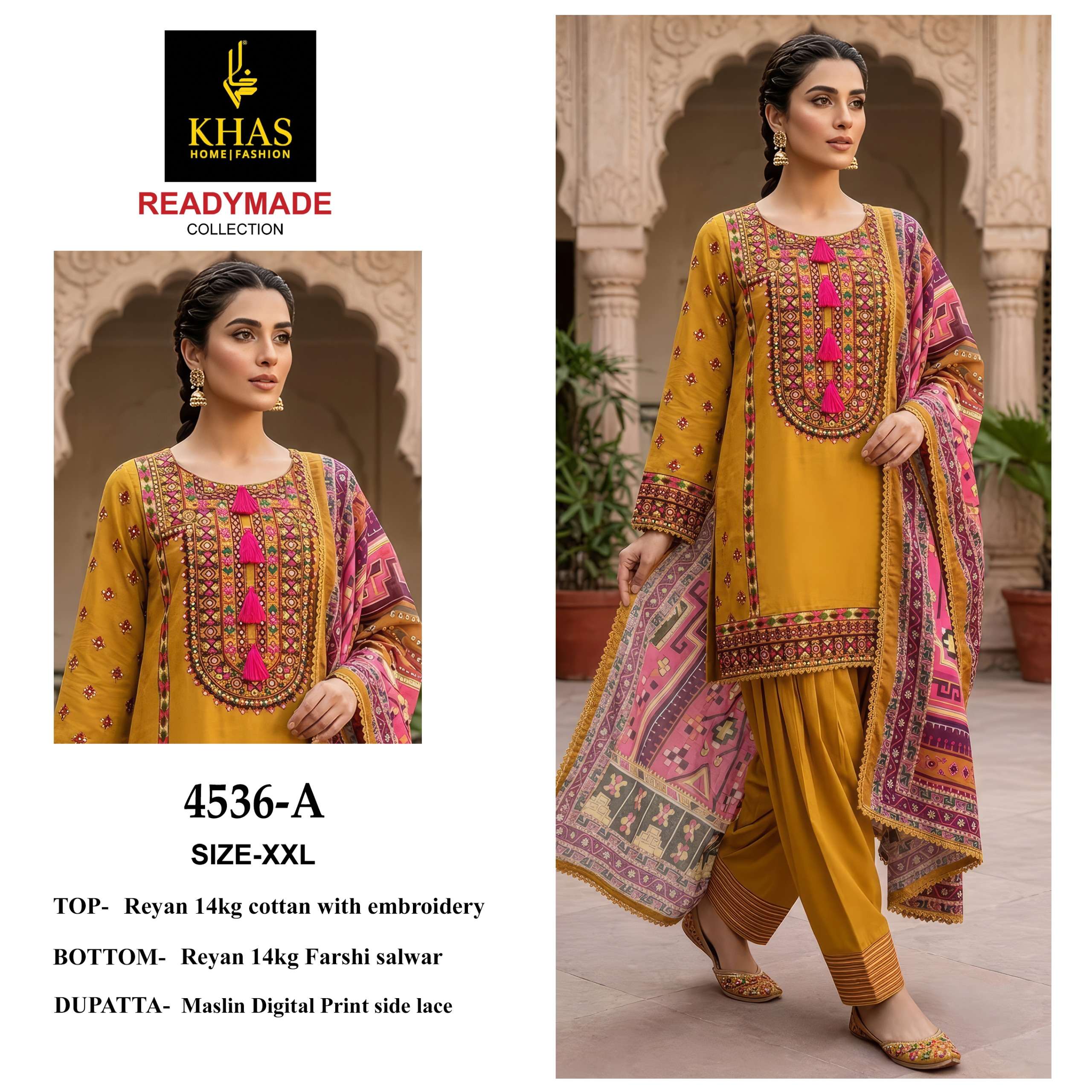 KHAS FASHION D NO 4536 RAYON EMBROIDERY DESIGNER WORK READY MADE PAKISTANI STYLE SUIT