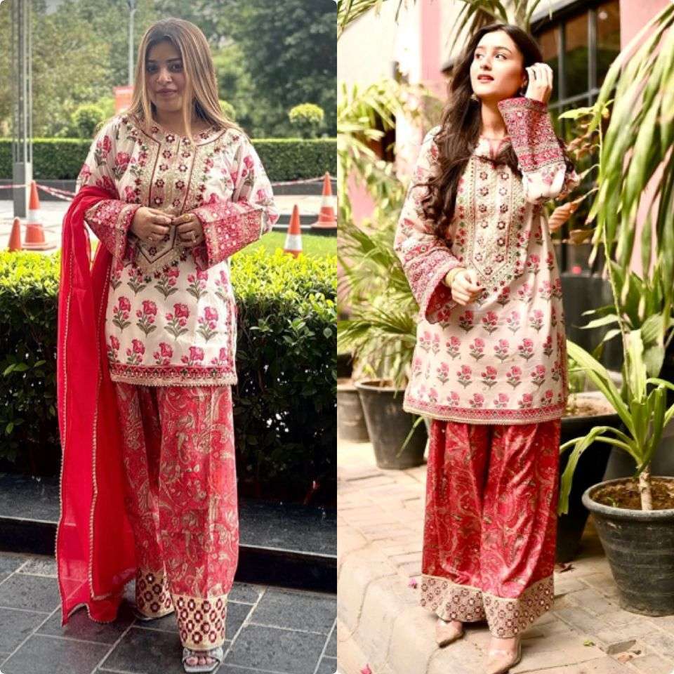 LADY LOOK 033 FANCY EMBROIDERY DESIGNER TOP WITH FARSHI PLAZZO AND DUPATTA 
