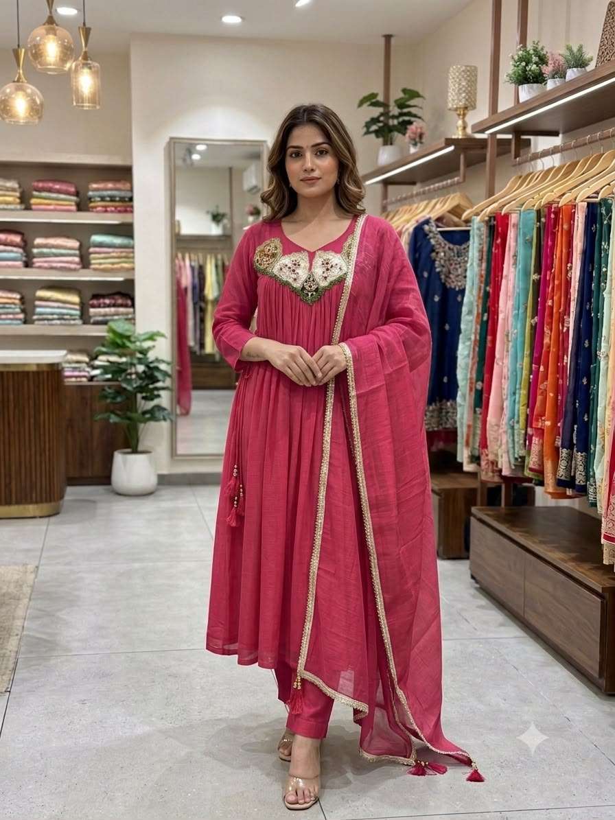 LG 2145 CHANDERI SILK BEADS WITH SEQUENCE EMBROIDERY DESIGNER WORK GOWN PANT WITH DUPATTA SET