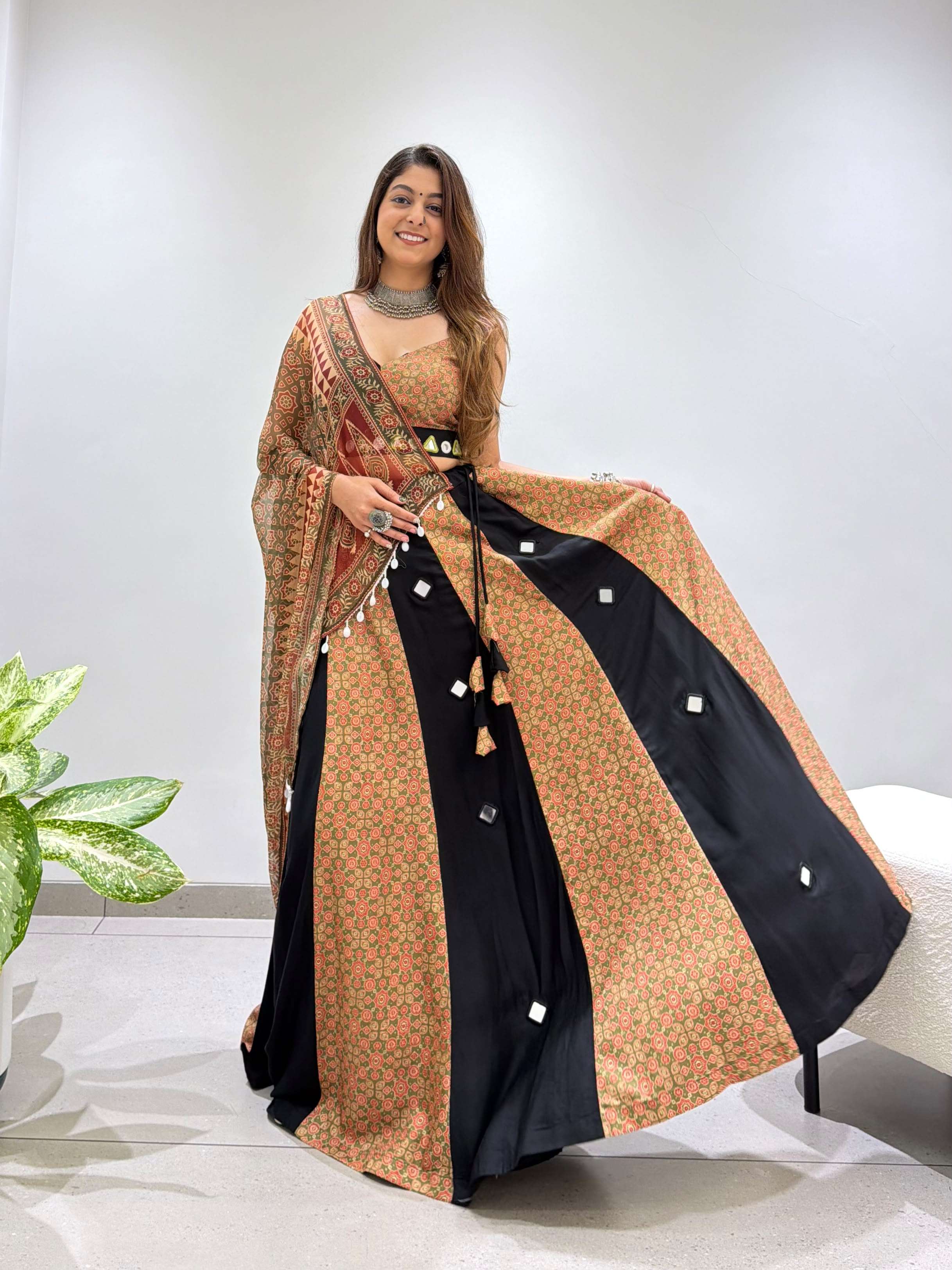 LM 30 RAYON PRINTED MIRROR WORK DESIGNER NAVRATRI WEAR LEHENGA CHOLI 