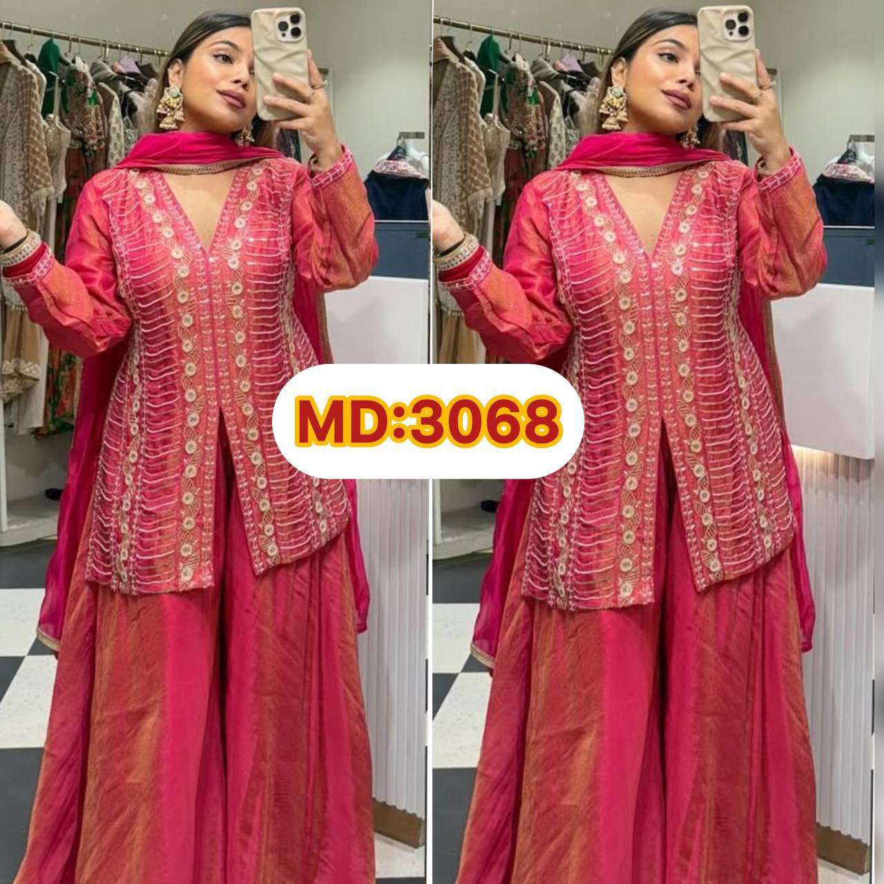 MD 3068 SILK DESIGNER PARTY WEAR LADIES TOP PLAZZO AND DUPATTA SET 