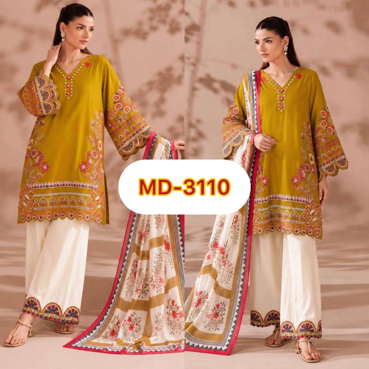 MD 3110 COTTON PREETY LOOK DESIGNER LADIES TOP PLAZZO AND DUPATTA SET 