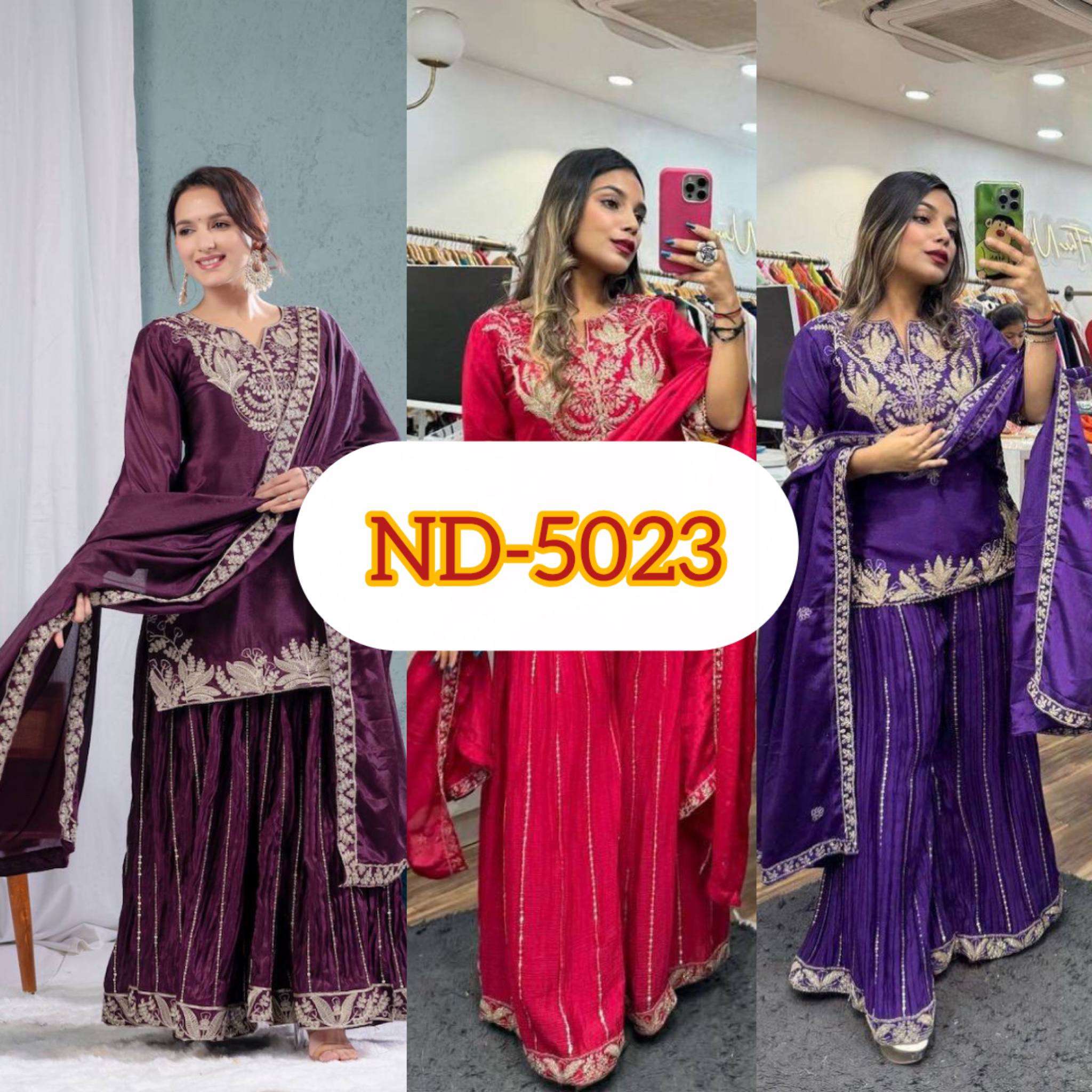 ND 5023 SILK EMBROIDERY DESIGNER PARTY WEAR LADIES TOP SHARARA AND DUPATTA SET 