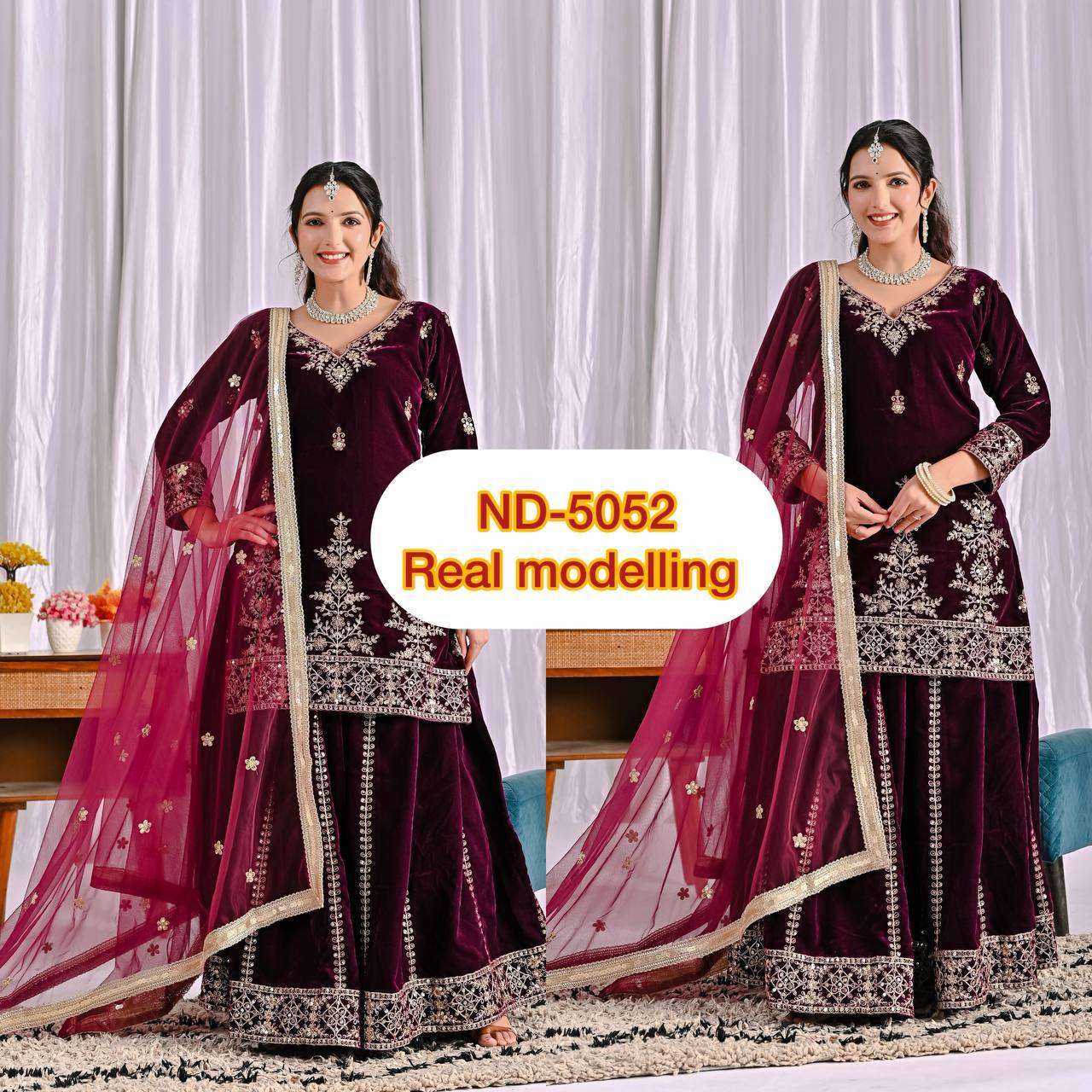 ND 5052 VISCOSE VELVET EMBROIDERED DESIGNER FUNCTION WEAR SHARARA SUIT