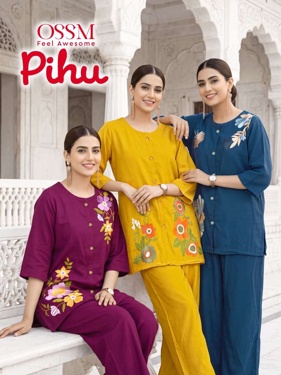 OSSM PIHU CORD SET COLLECTION SILK FANCY WORKS LADIES KURTI WITH BOTTOM PAIR 