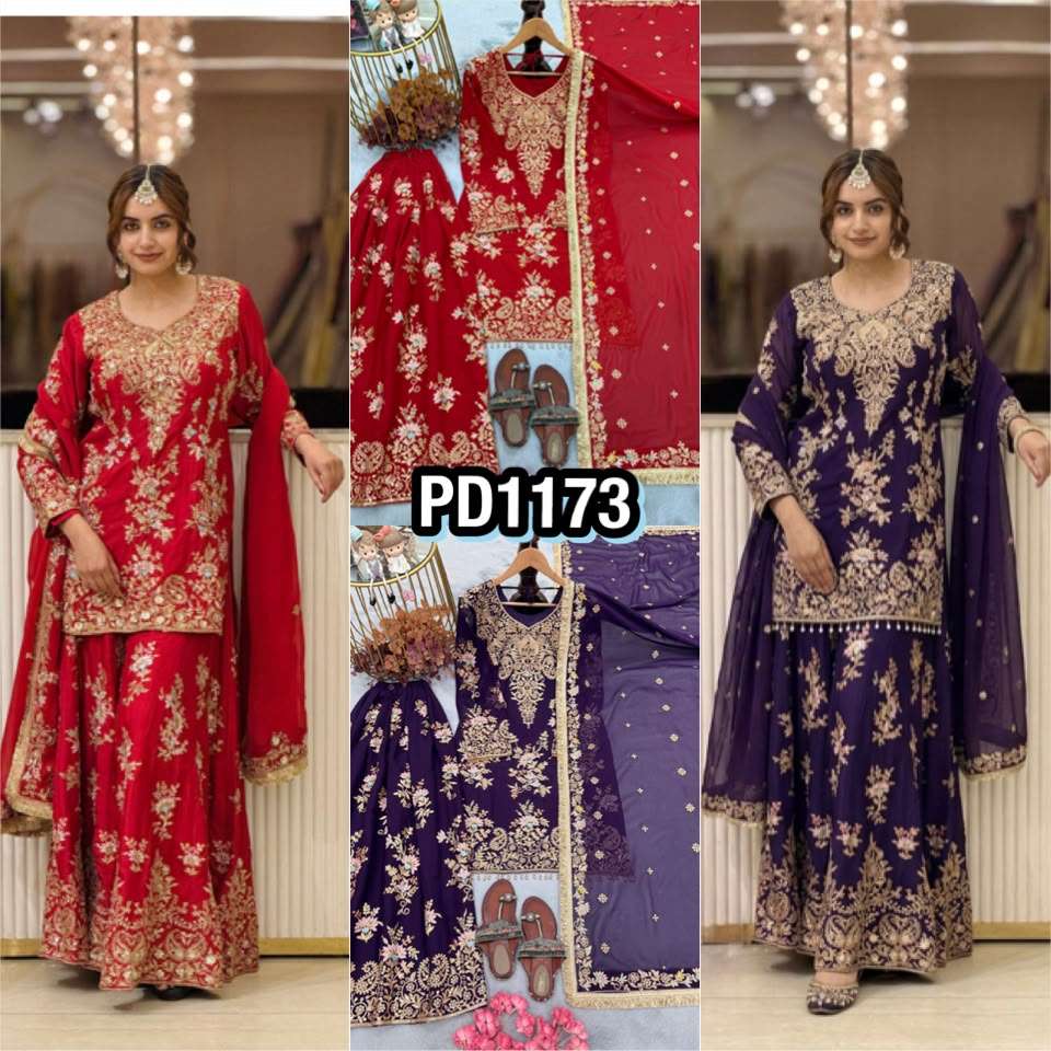 PD 1173 GEORGETTE SEQUENCE EMBROIDERY DESIGNER TOP PLAZZO AND DUPATTA SET 