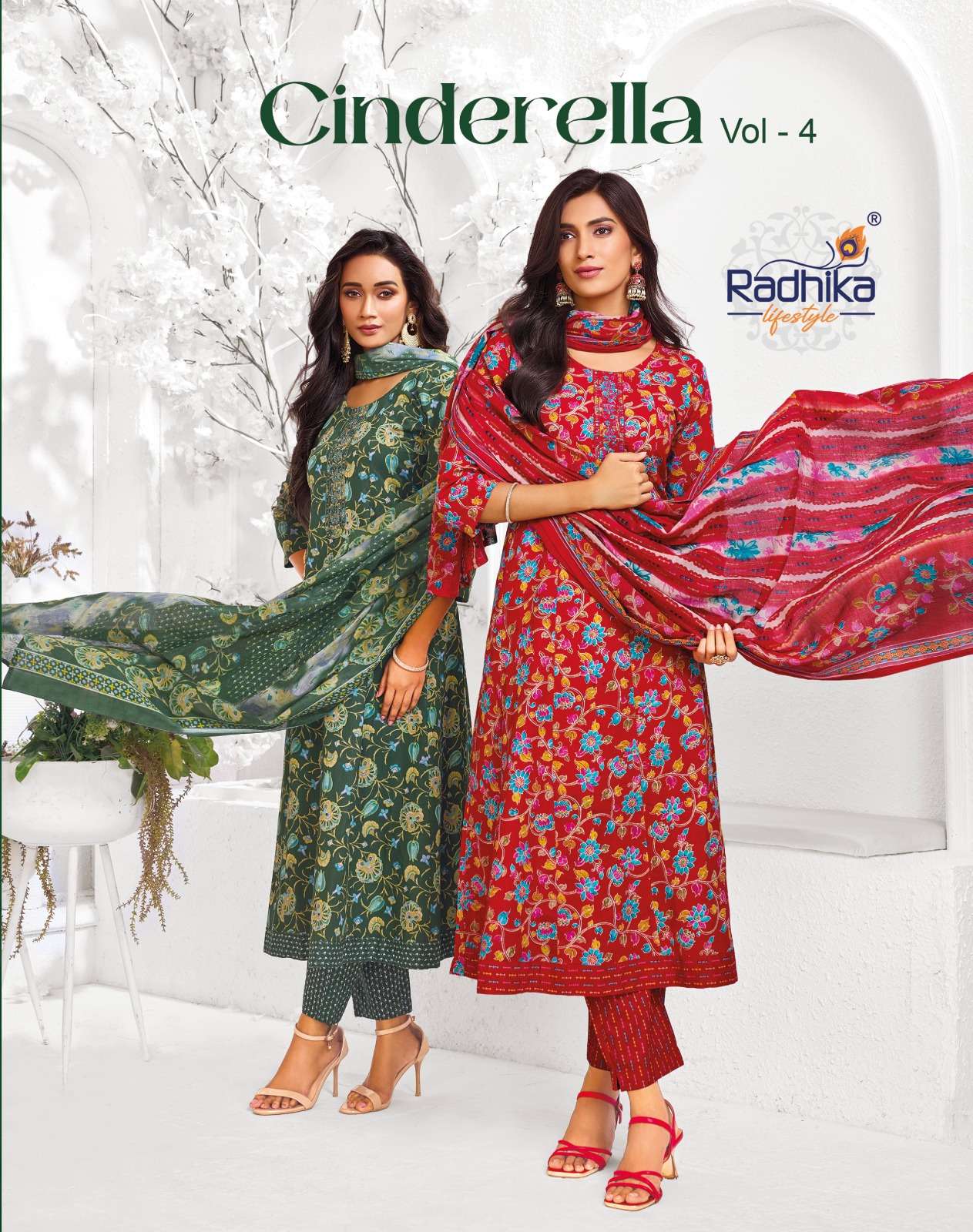 RADHIKA LIFESTYLE CINDRELL VOL 4 COTTON  PRINT WITH FANCY ANARKALI KURTI WITH PANT DUPPTTA SET