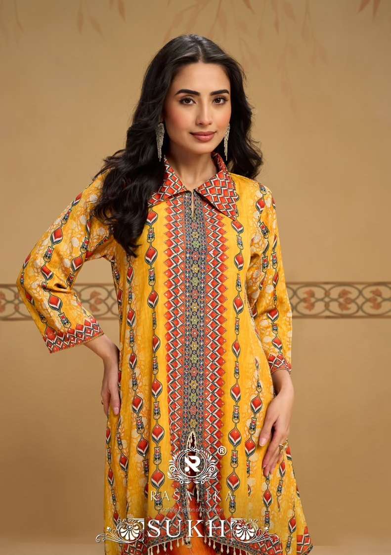 RASALIKA SUKH CREP SILK DIGITAL PRINT WITH EMBELLISHED MIRROR WORK CORD SET