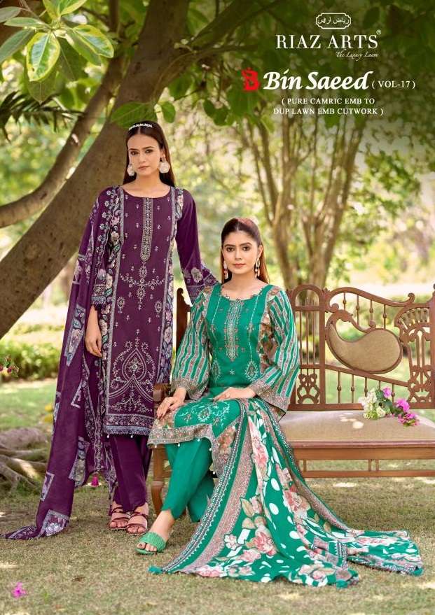 RIAZ ARTS BIN SAEED VOL 17 LAWN COTTON DIGITAL PRINTS WITH EMBROIDERY WORK SUIT