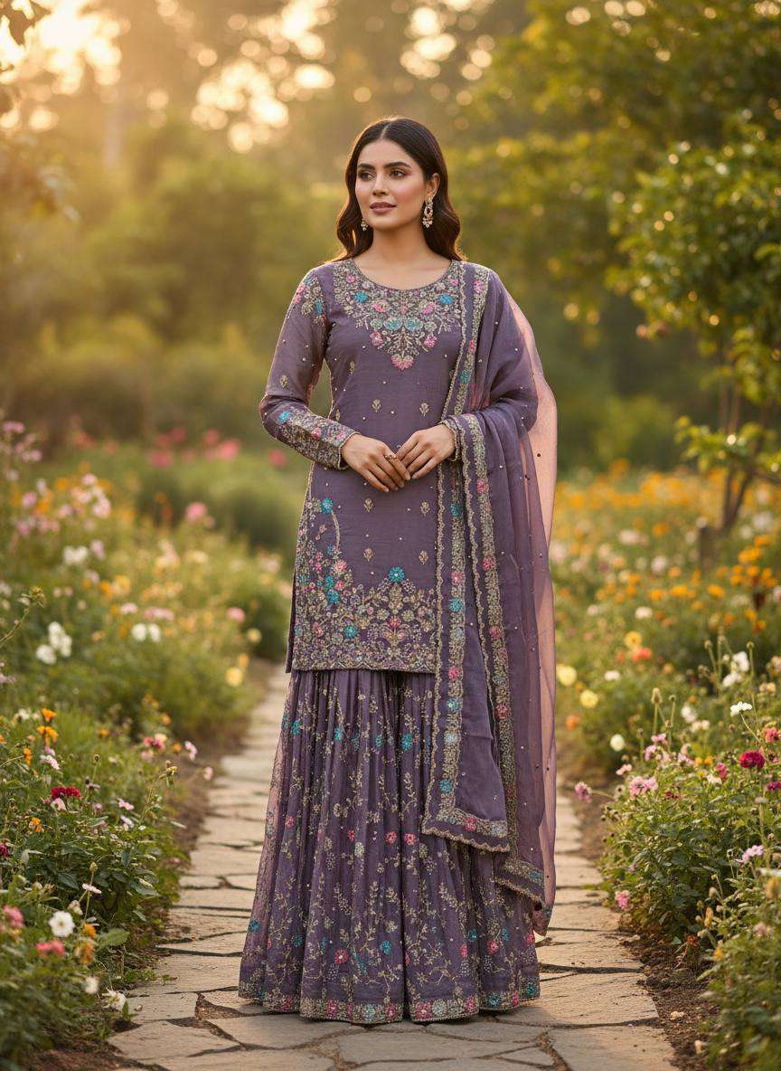 RTC 5956 SILK SEQUENCE EMBROIDERY DESIGNER WORK SUITS PARTY WEAR LADIES SHARARA SUIT 