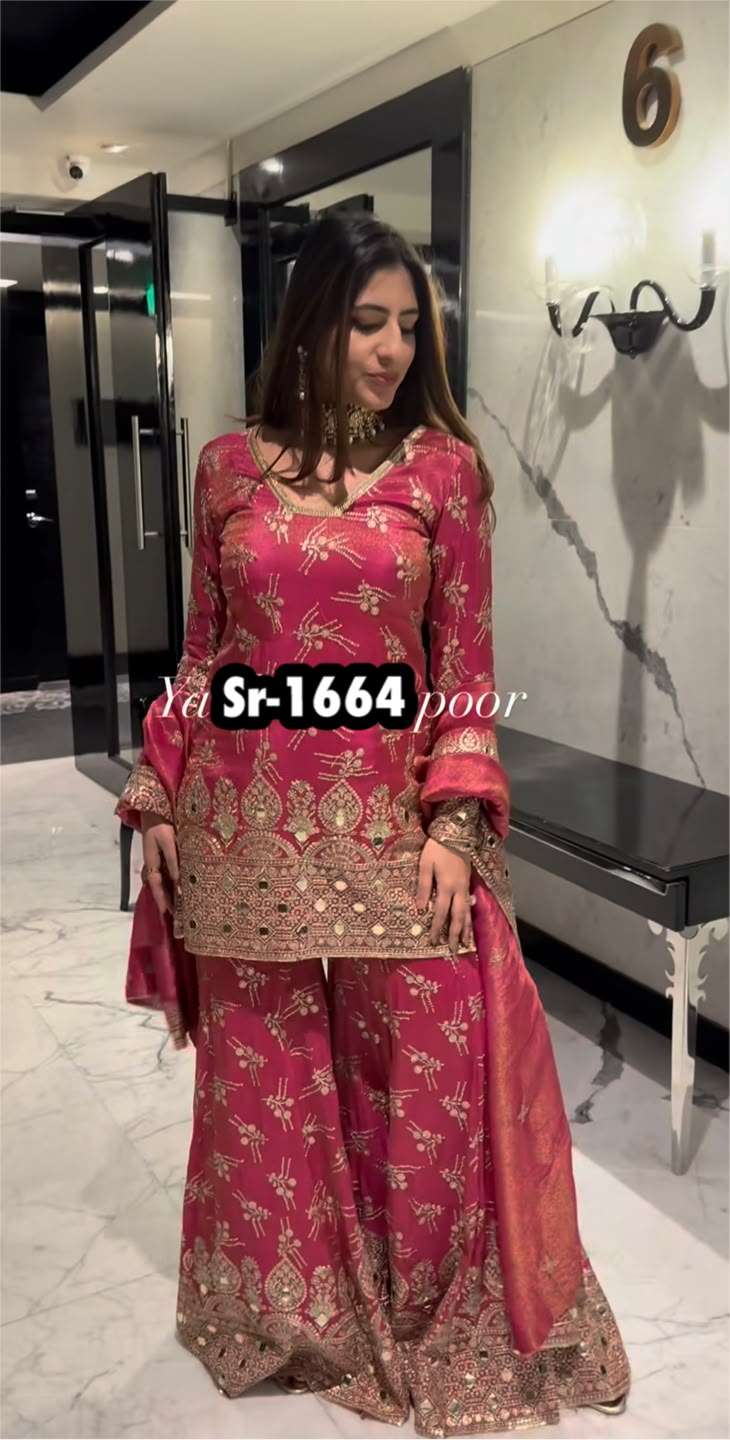 SR 1664 SILK HEAVY EMBROIDERD DESIGNER PARTY WEAR LADIES SHARARA SUIT