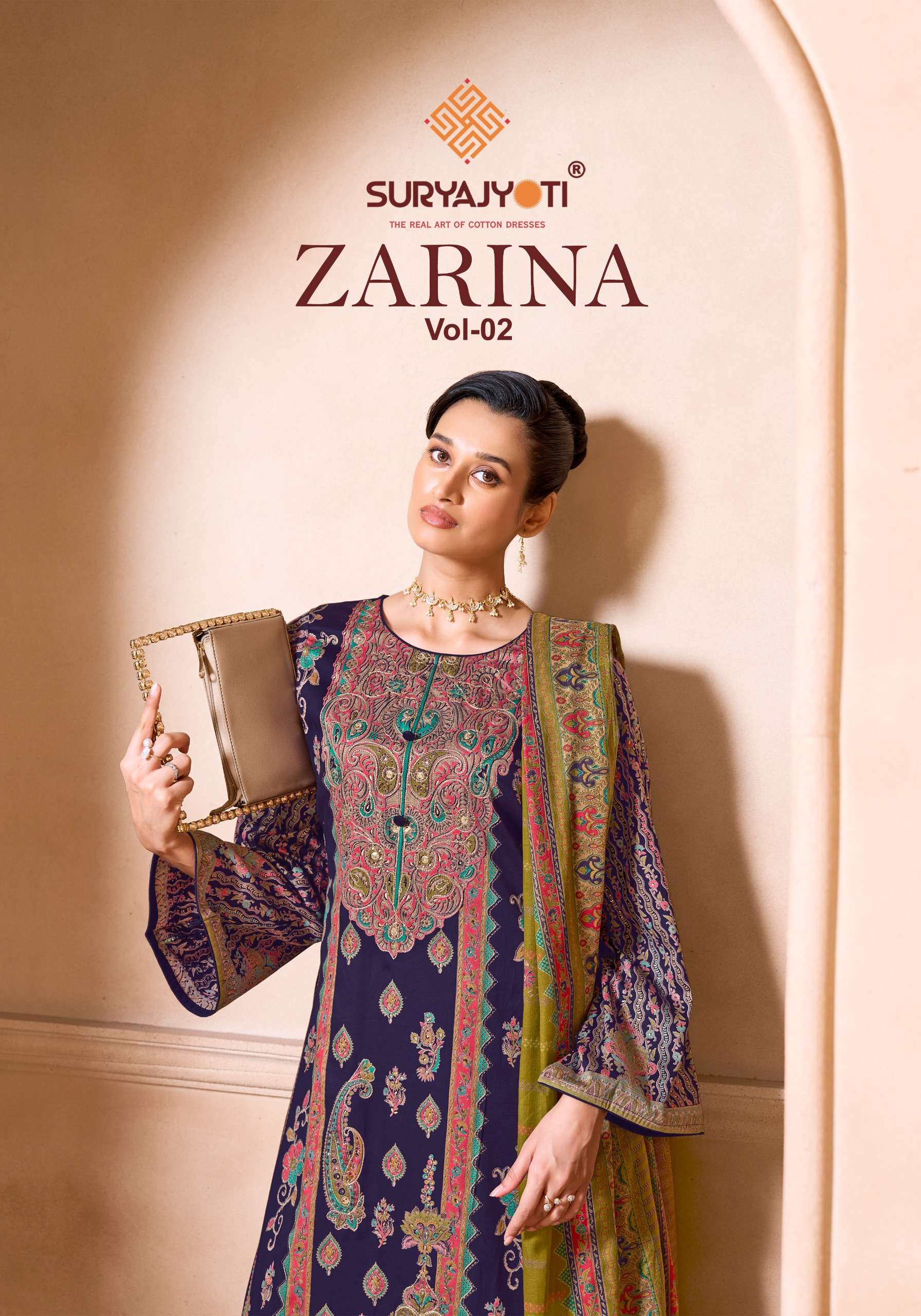 SURYAJYOTI ZARINA VOL 2 JAM SATIN PRINT WITH SWAROVSKI WORK SUIT