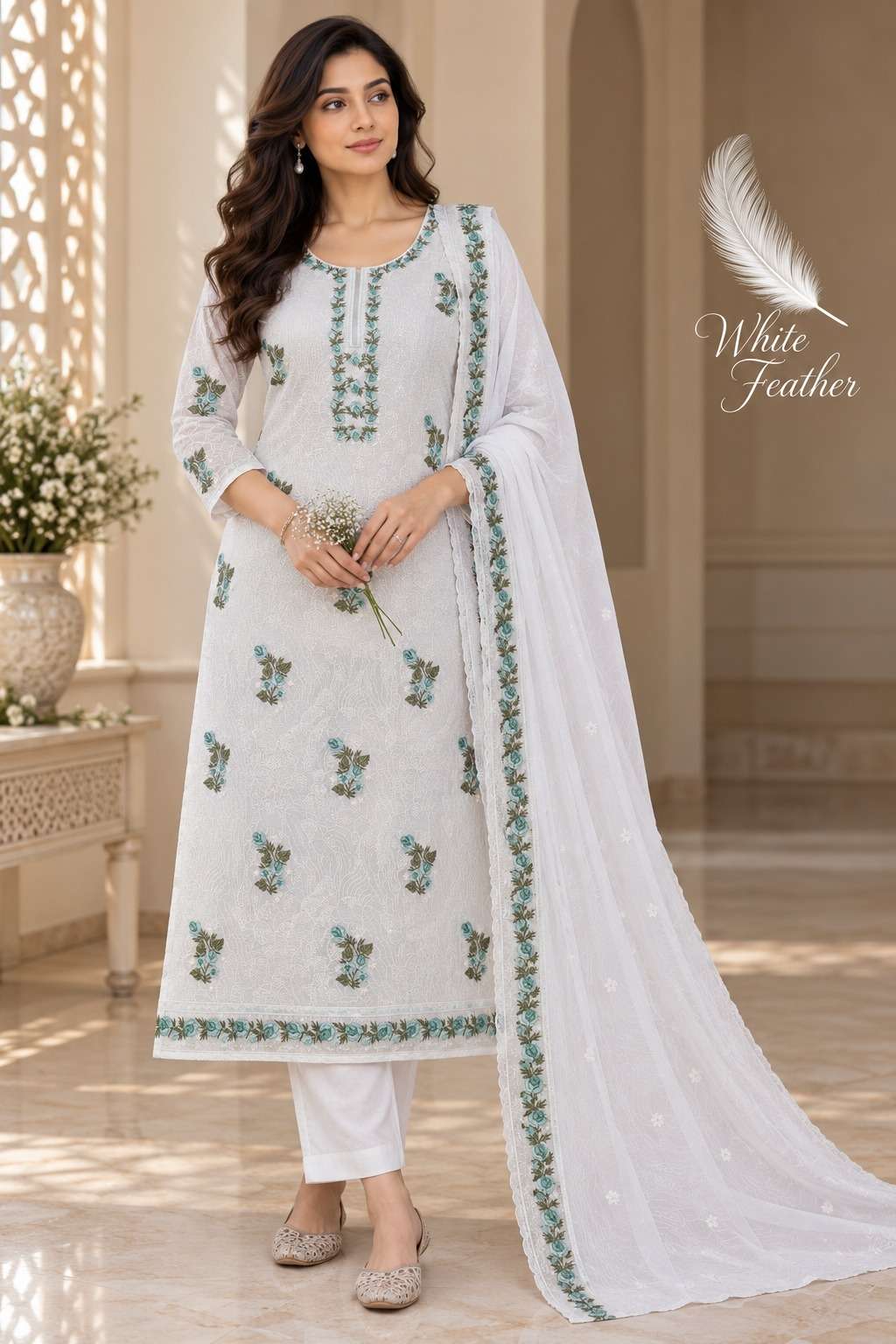 VISHWAM FABRICS WHITE FEATHER COTTON EMBROIDERY DESIGNER WORK LADIES SUIT